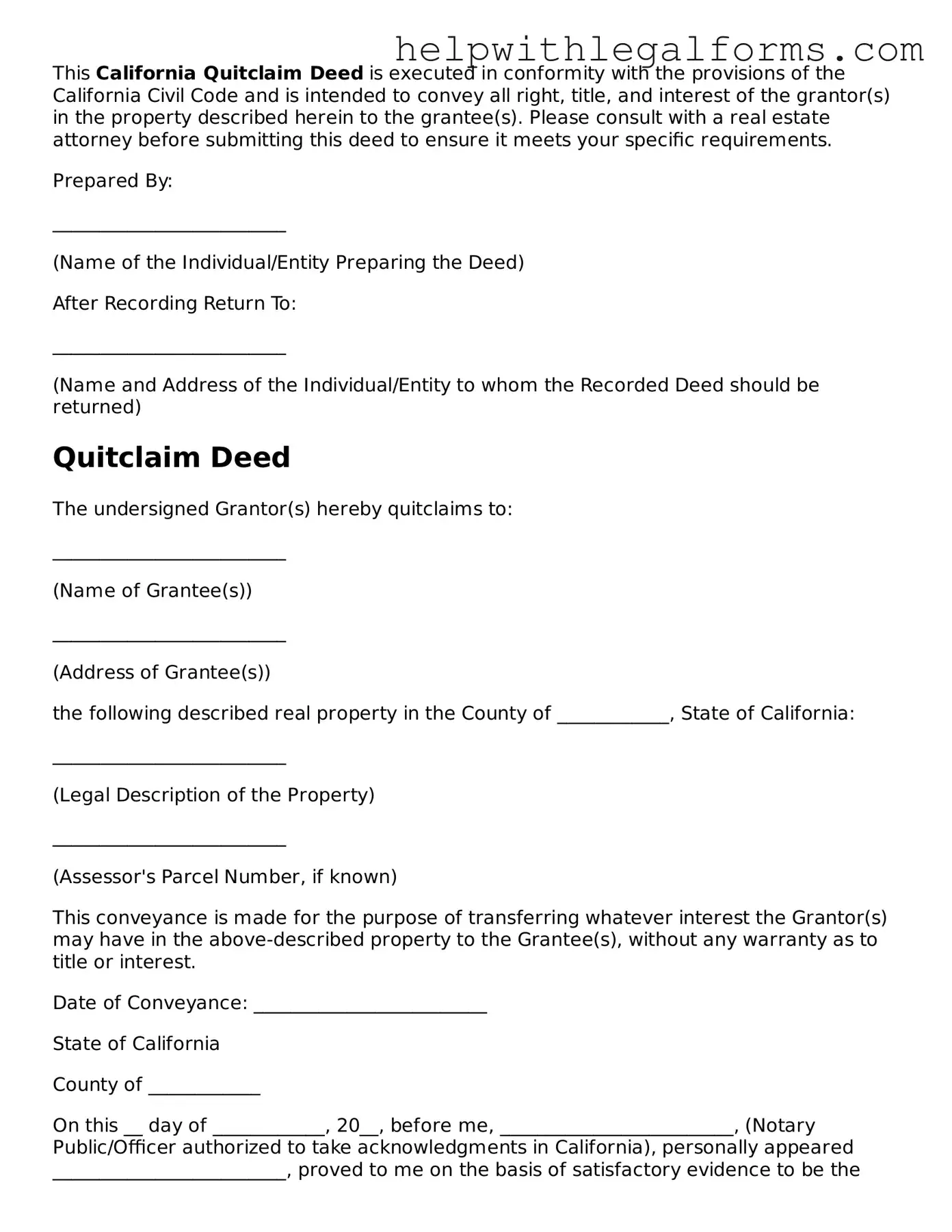 Blank  Quitclaim Deed Form for California