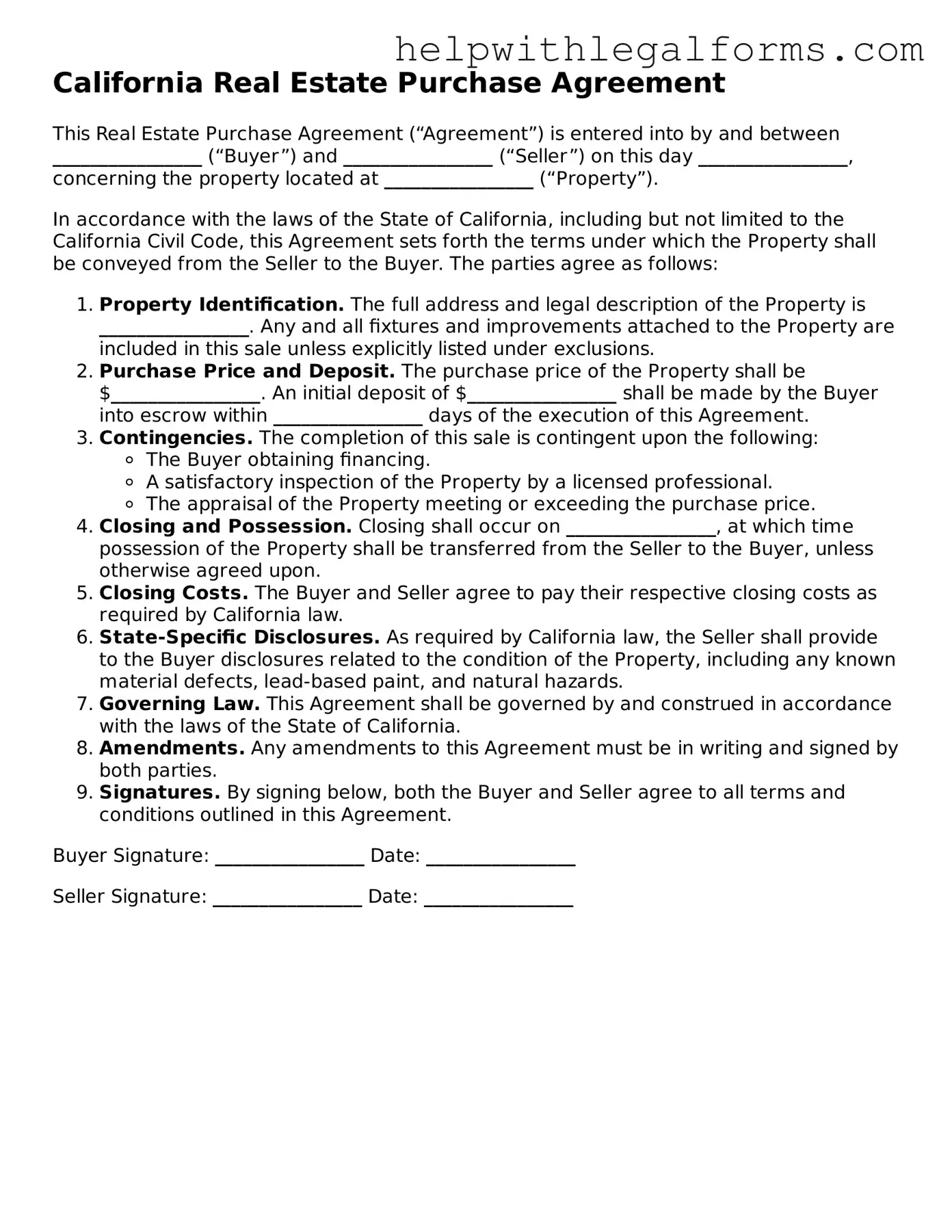 Blank  Real Estate Purchase Agreement Form for California