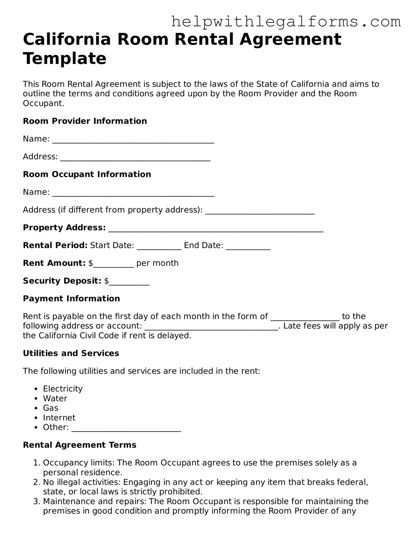 Blank  Room Rental Agreement Form for California