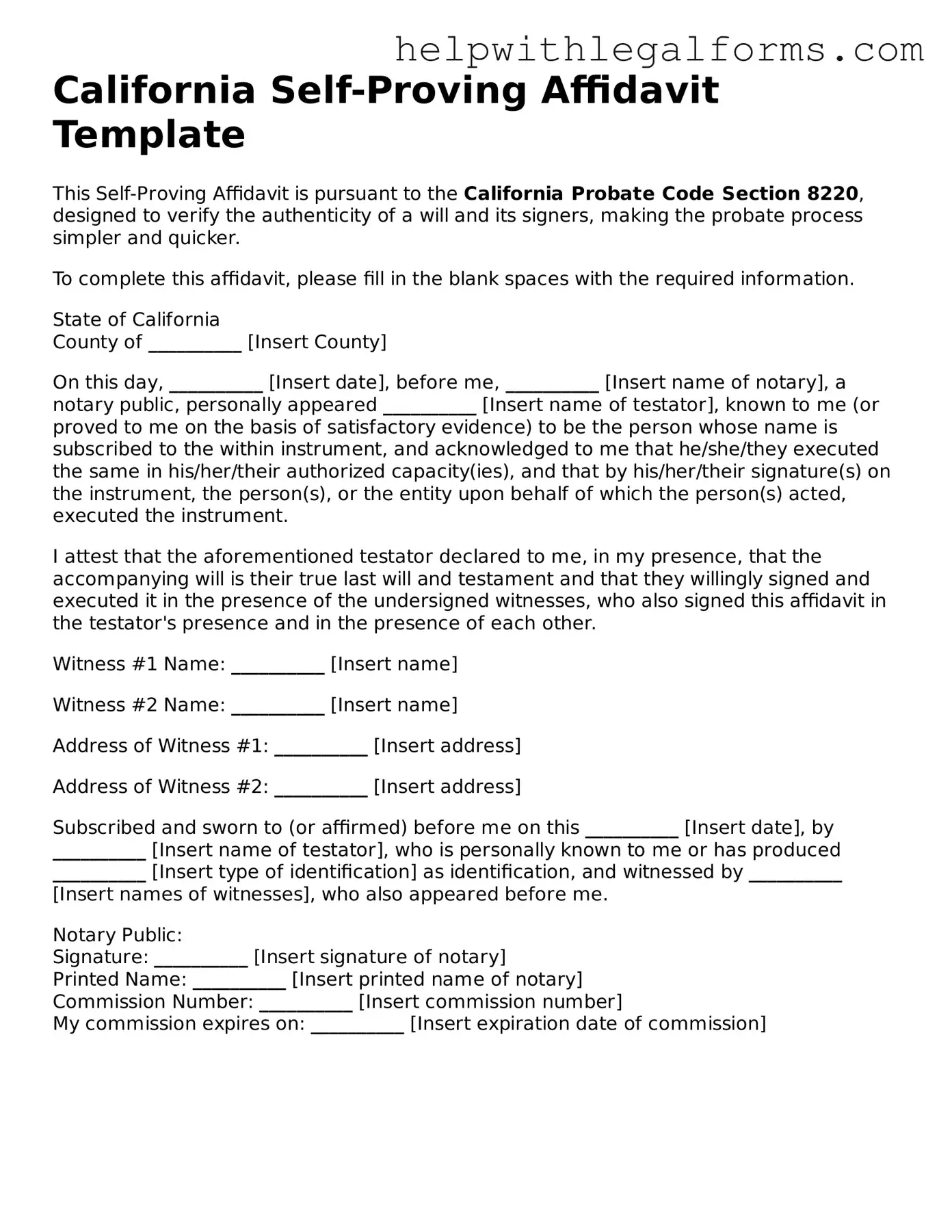 Blank  Self-Proving Affidavit Form for California