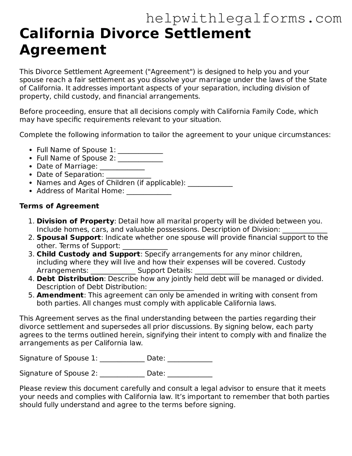 Blank  Divorce Settlement Agreement Form for California