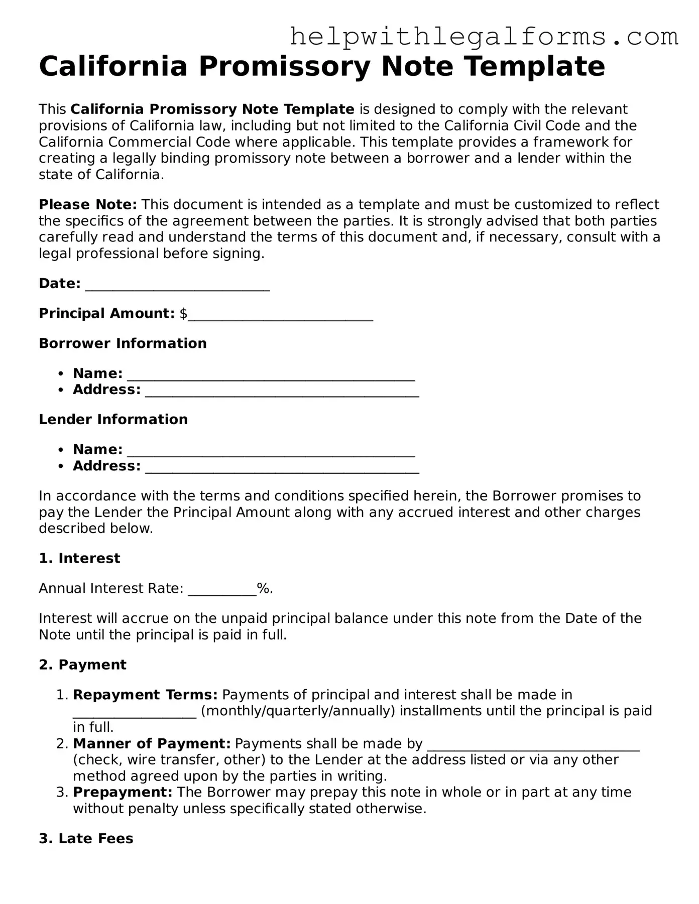 Blank  Promissory Note Form for California