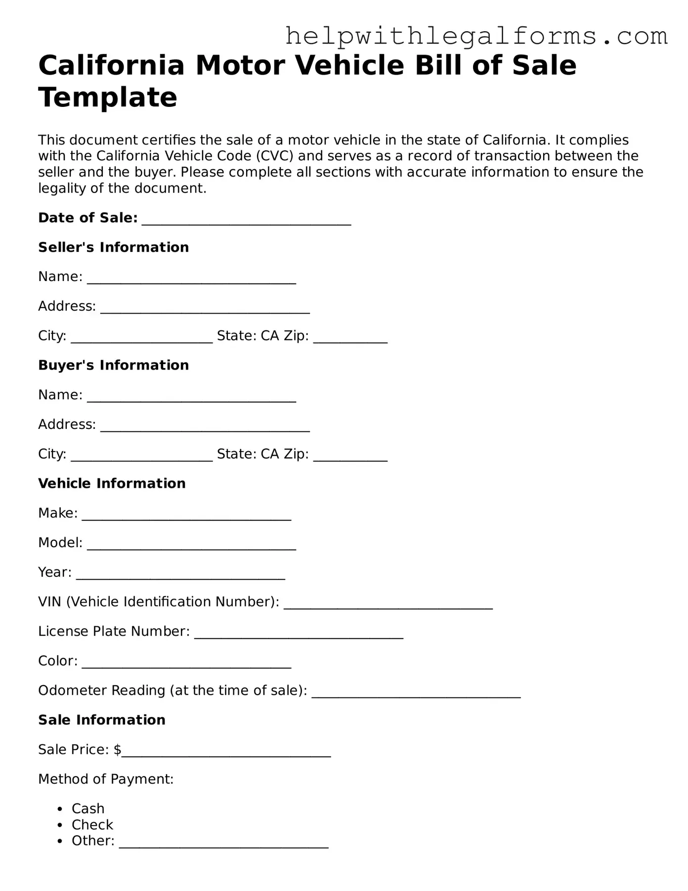 Blank  Motor Vehicle Bill of Sale Form for California