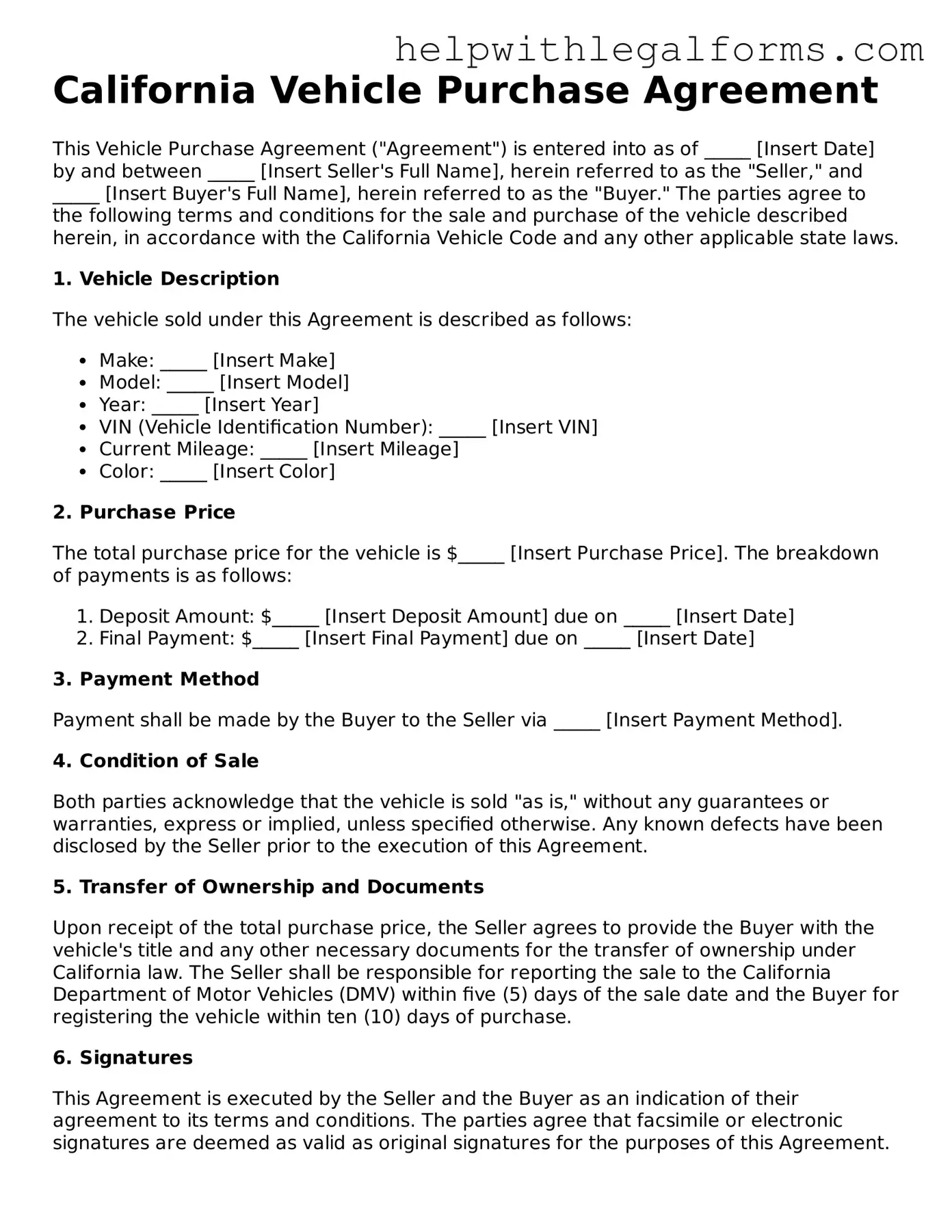 Blank  Vehicle Purchase Agreement Form for California
