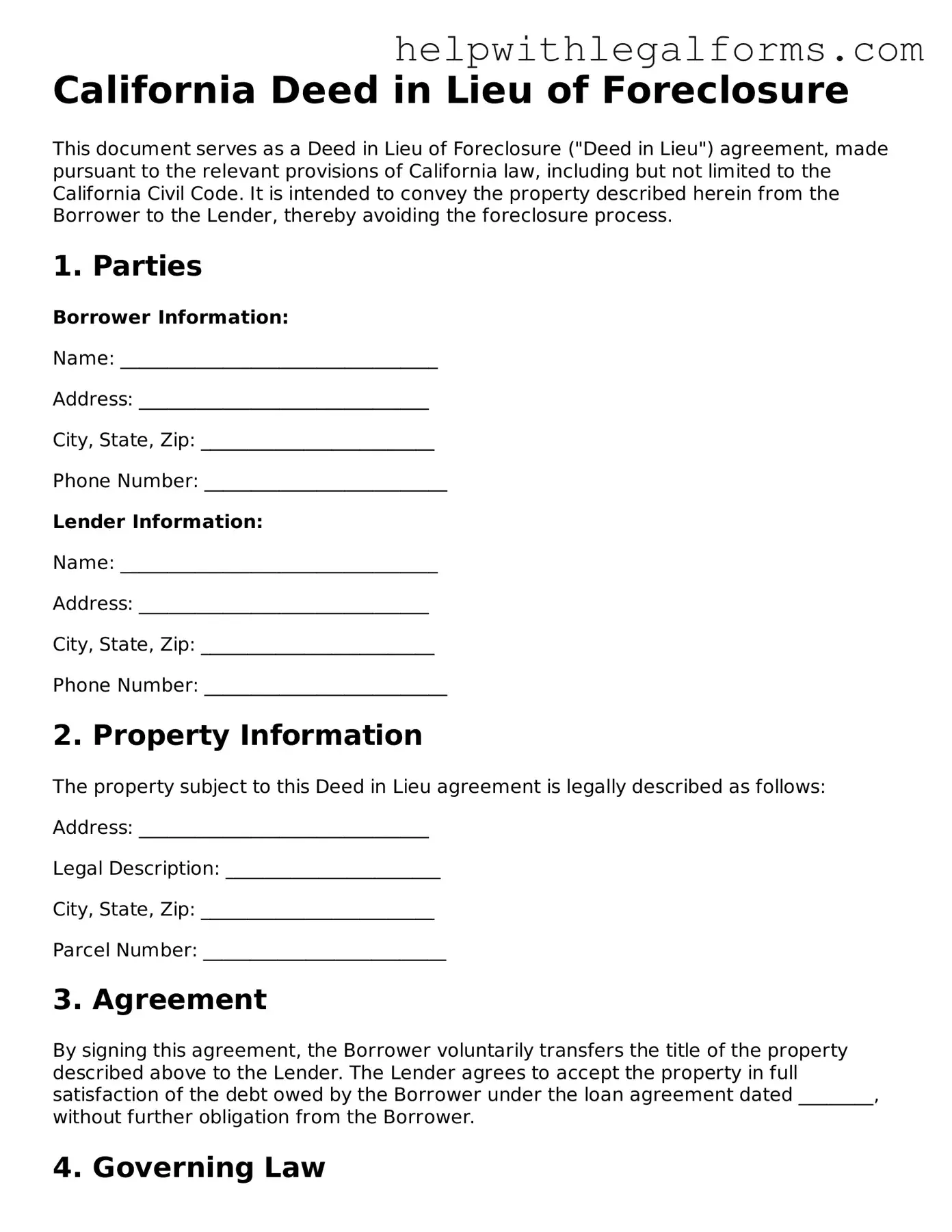 Blank  Deed in Lieu of Foreclosure Form for California