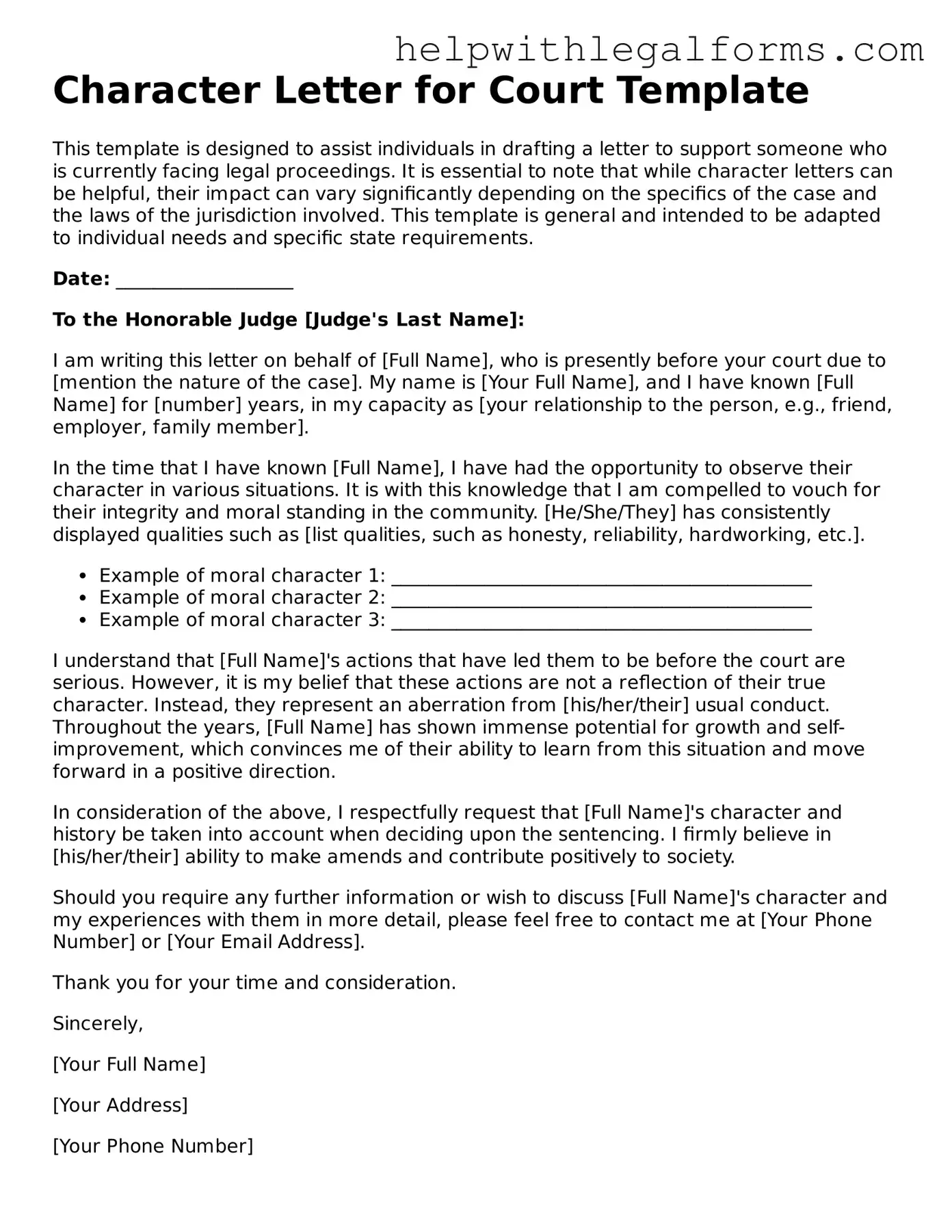 Legal Character Letter for Court Form