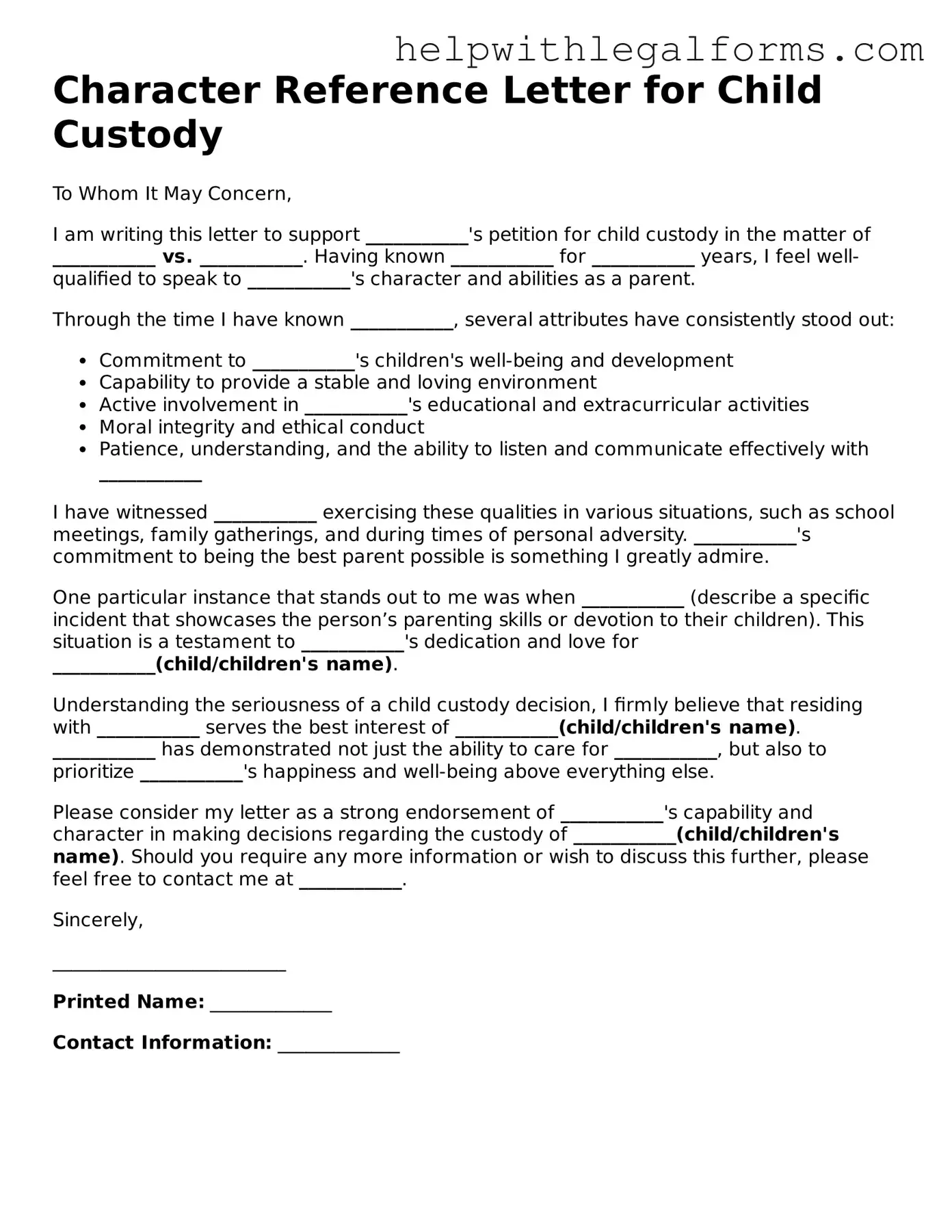 Legal Character Reference Letter for Child Custody Form