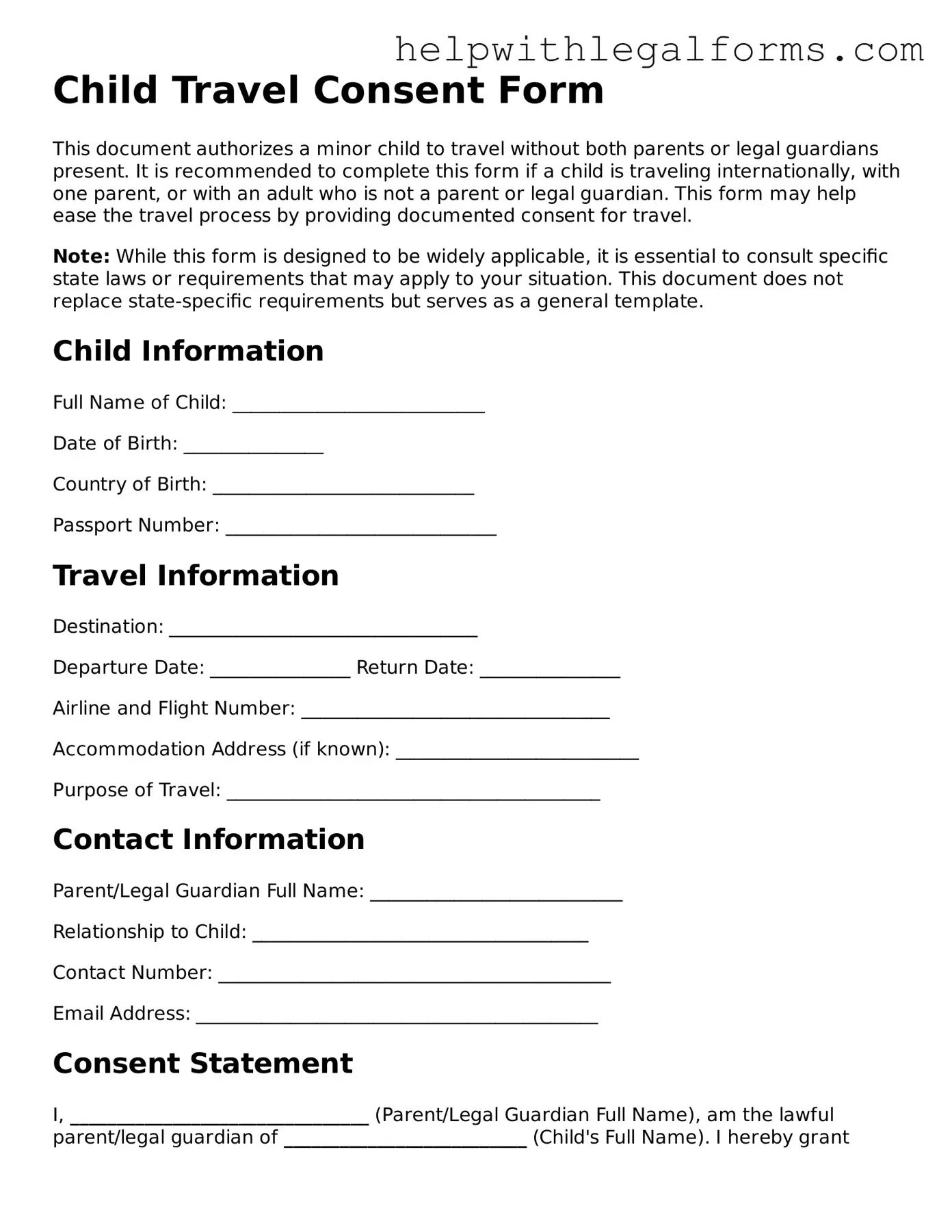 Legal Child Travel Consent Form Form