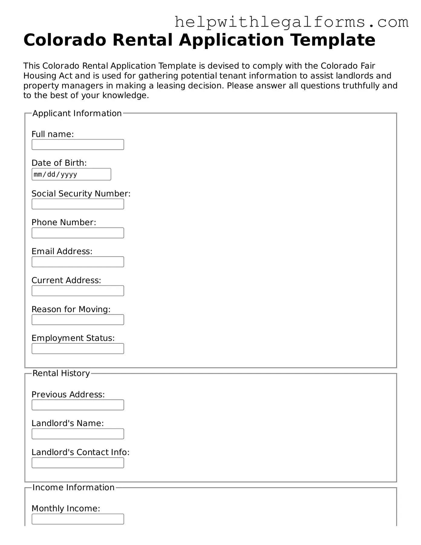Blank  Rental Application Form for Colorado