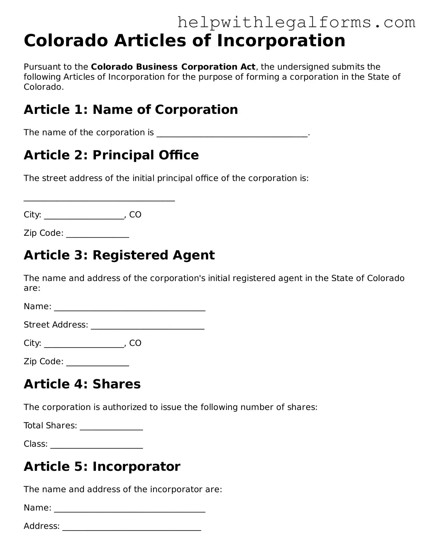 Blank  Articles of Incorporation Form for Colorado