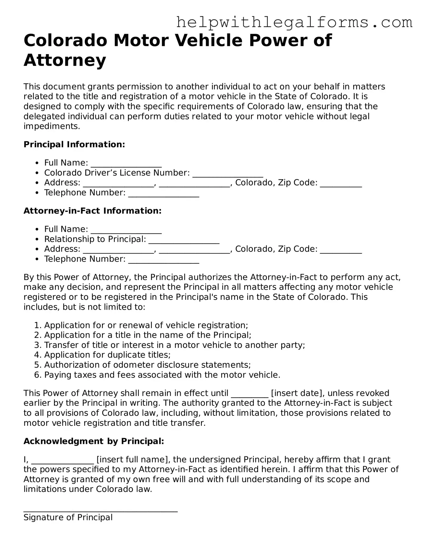 Blank  Motor Vehicle Power of Attorney Form for Colorado