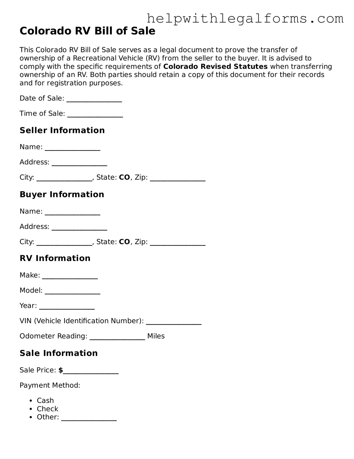 Blank  RV Bill of Sale Form for Colorado