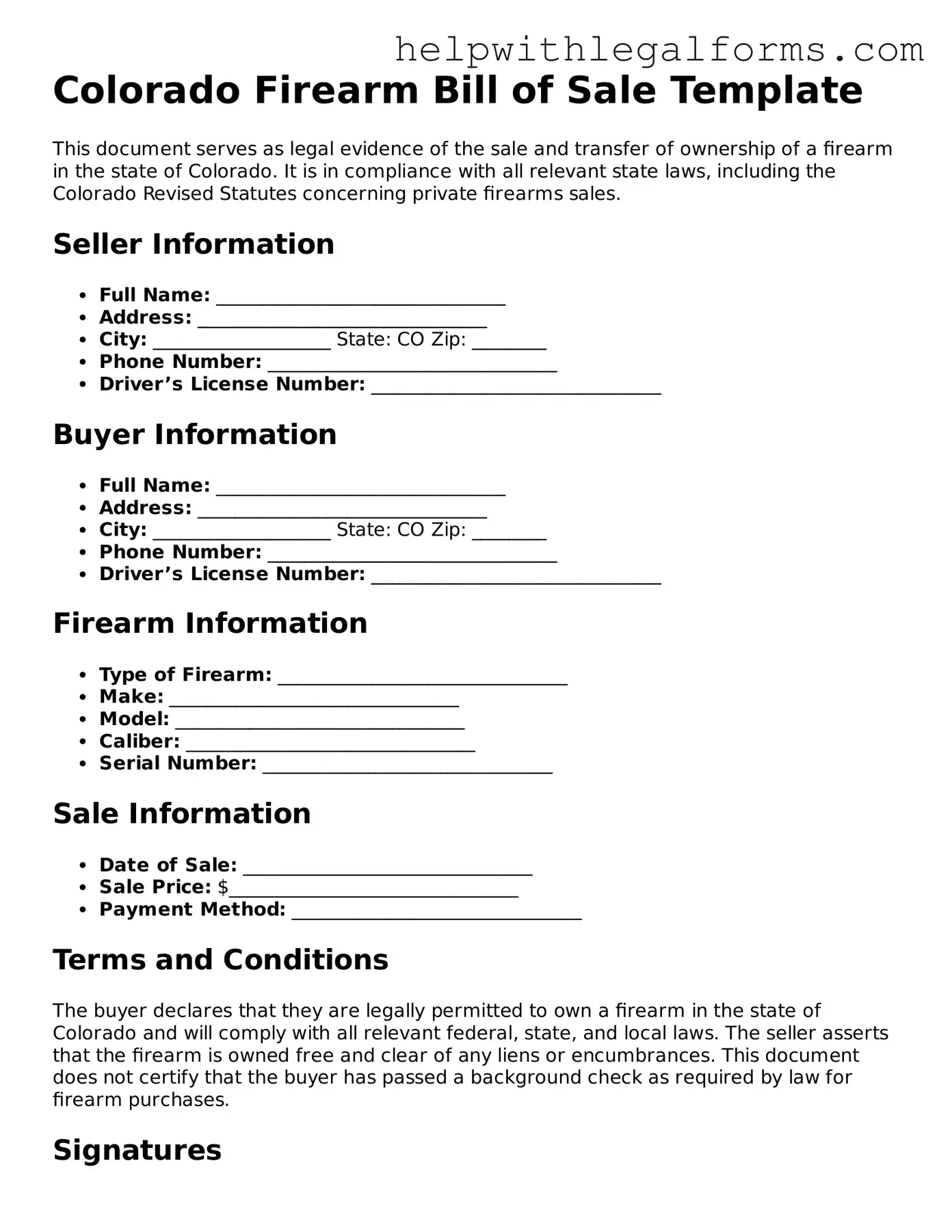 Blank  Firearm Bill of Sale Form for Colorado