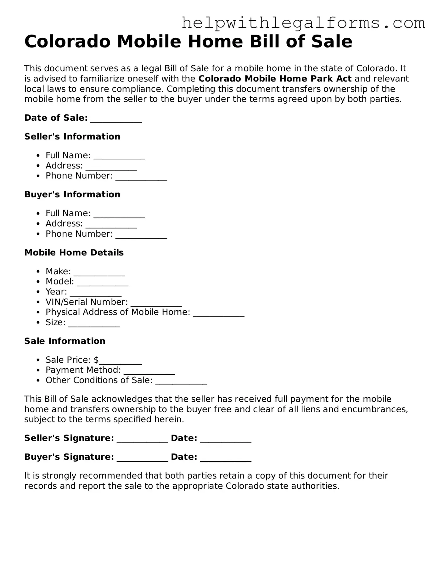 Blank  Mobile Home Bill of Sale Form for Colorado