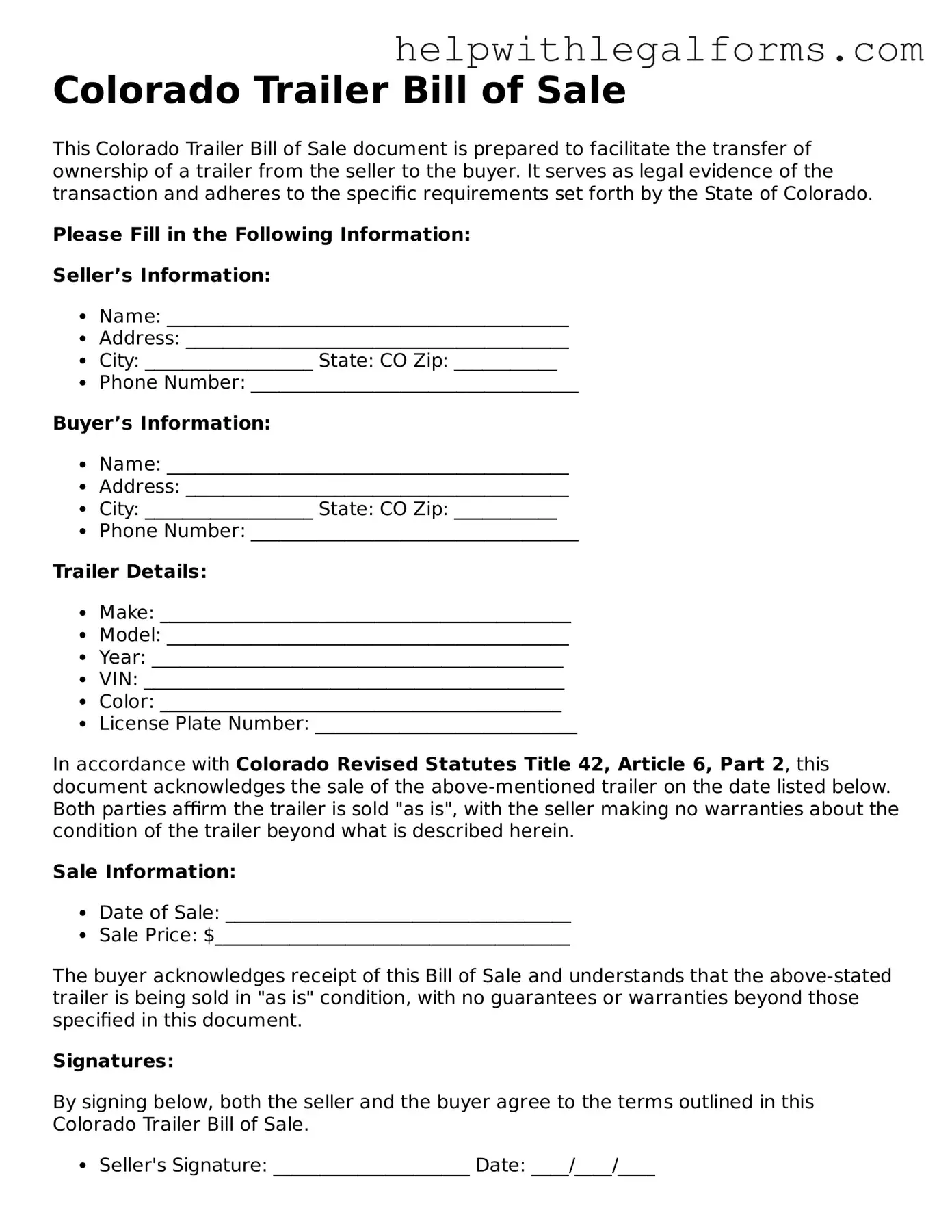 Blank  Trailer Bill of Sale Form for Colorado