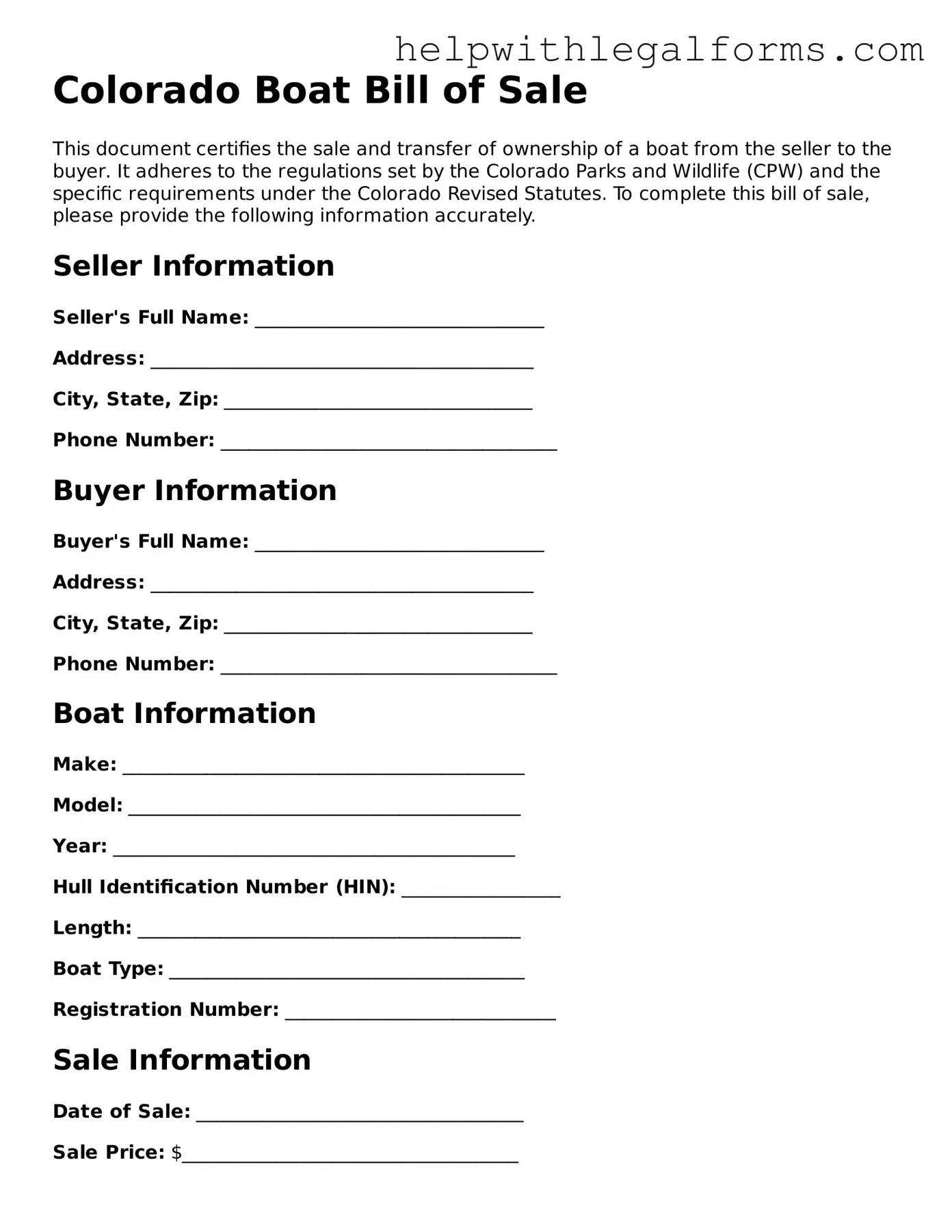 Blank  Boat Bill of Sale Form for Colorado