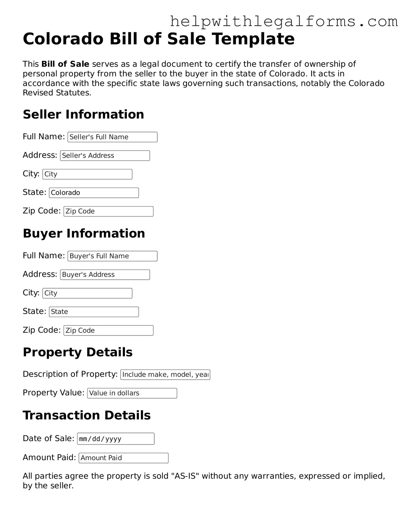 Blank  Bill of Sale Form for Colorado