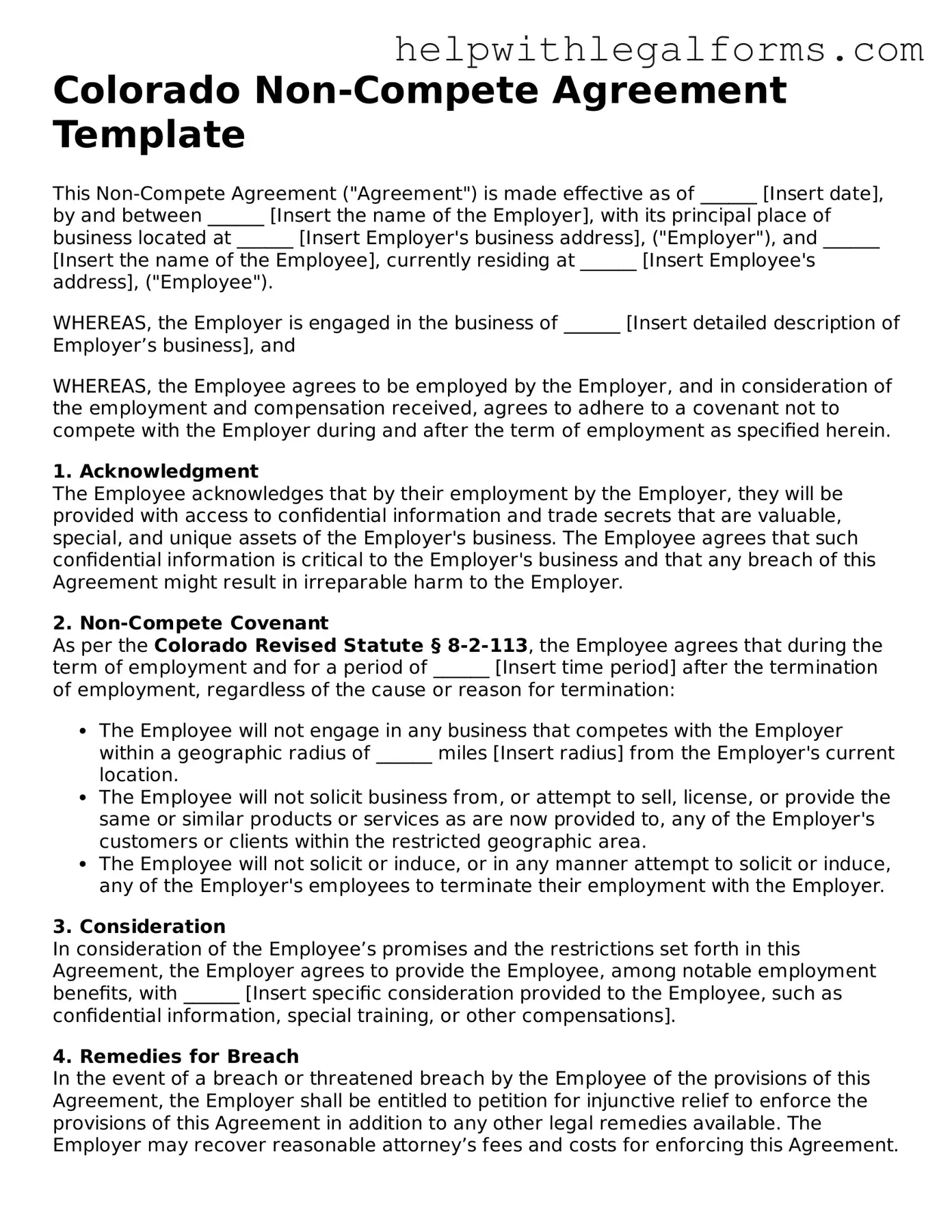 Blank  Non-compete Agreement Form for Colorado