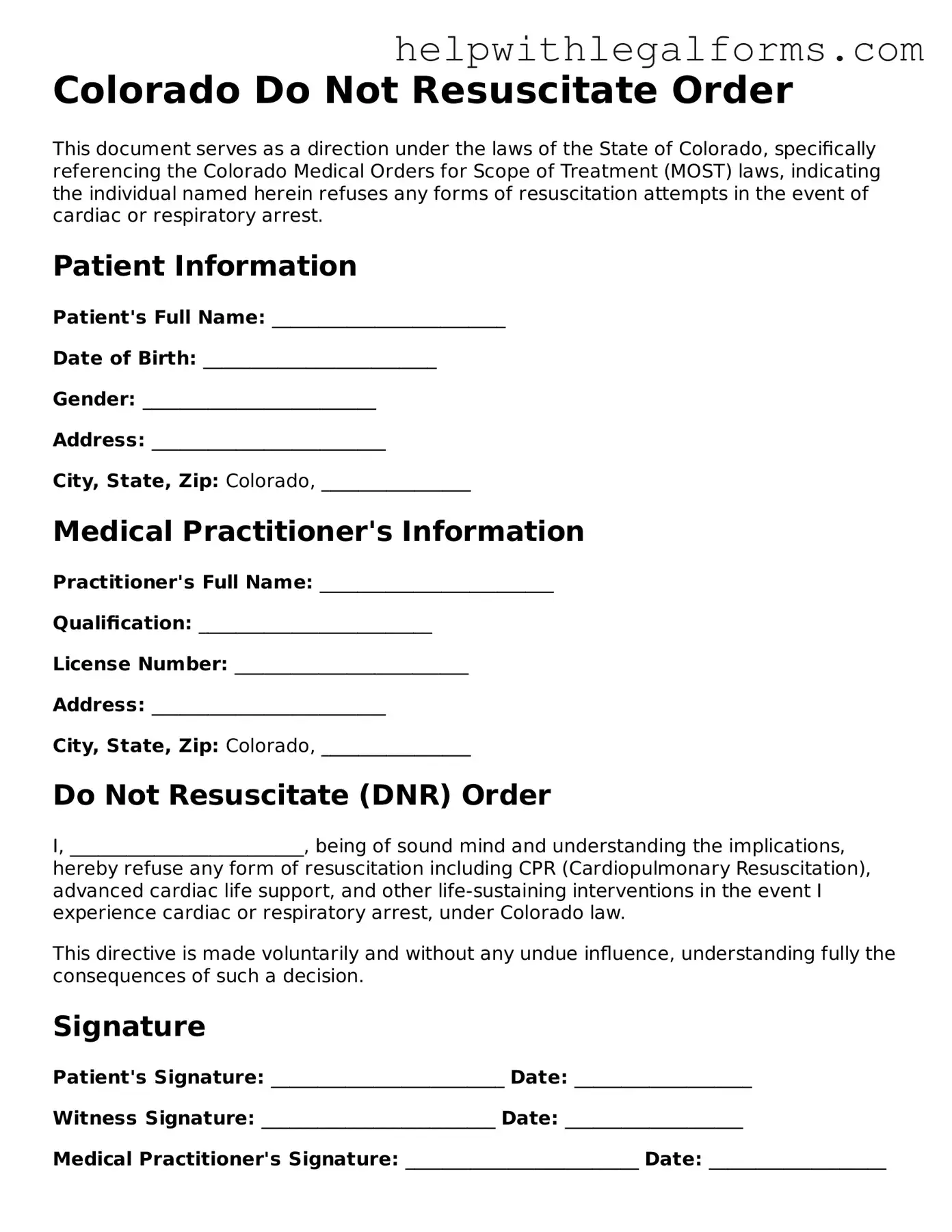 Blank  Do Not Resuscitate Order Form for Colorado