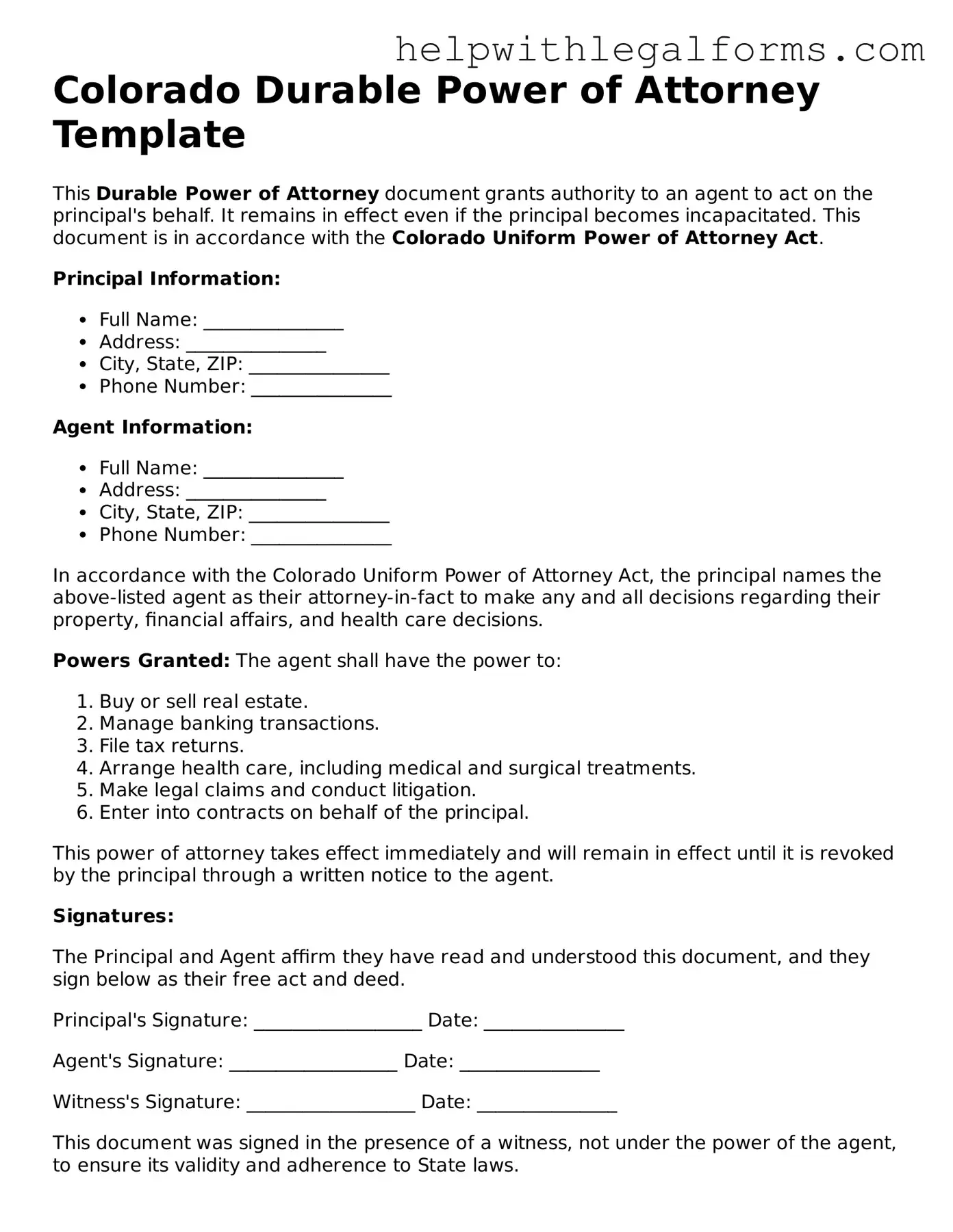 Blank  Durable Power of Attorney Form for Colorado