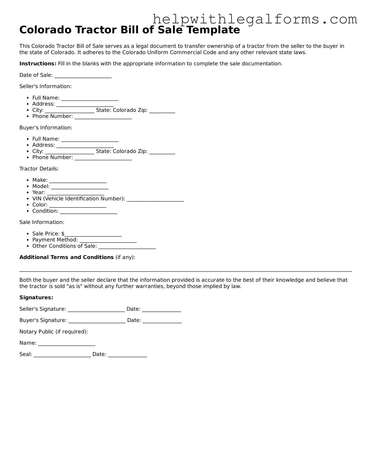 Blank  Tractor Bill of Sale Form for Colorado