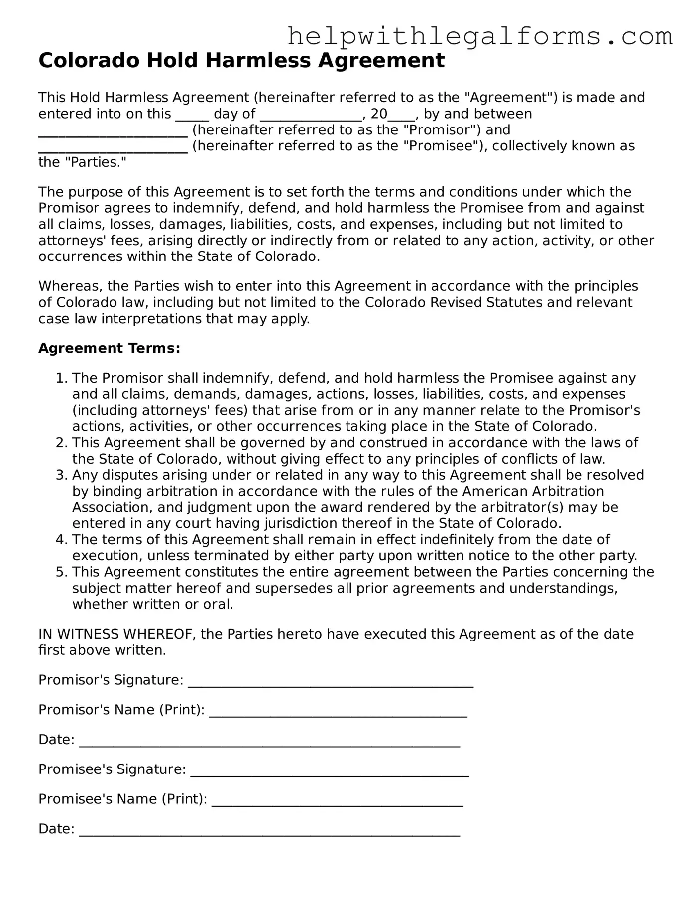 Blank  Hold Harmless Agreement Form for Colorado