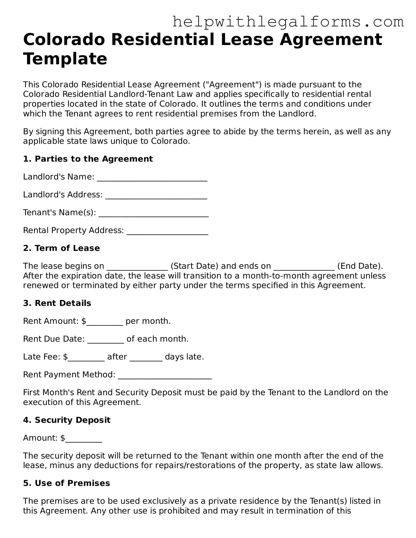 Blank  Residential Lease Agreement Form for Colorado