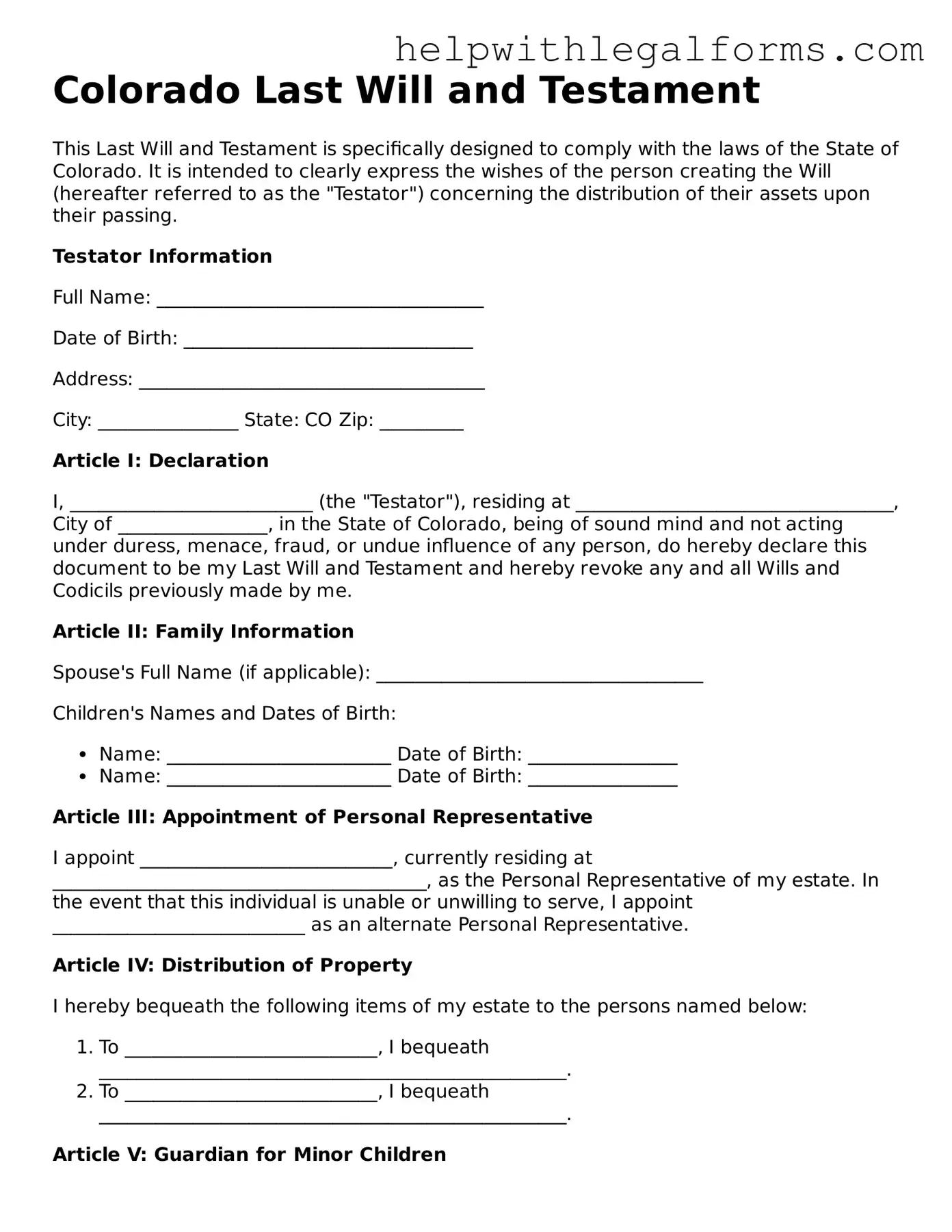 Blank  Last Will and Testament Form for Colorado