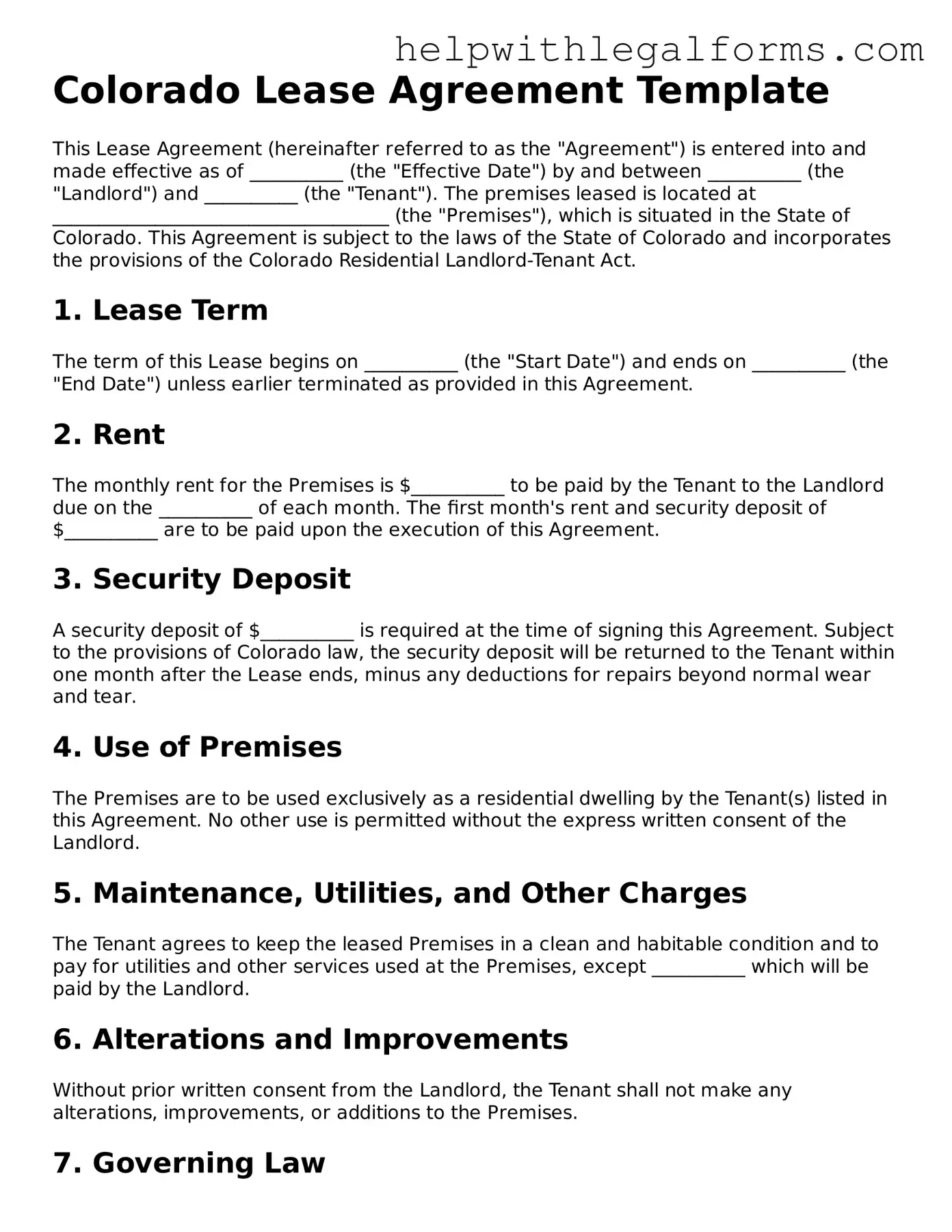 Blank  Lease Agreement Form for Colorado