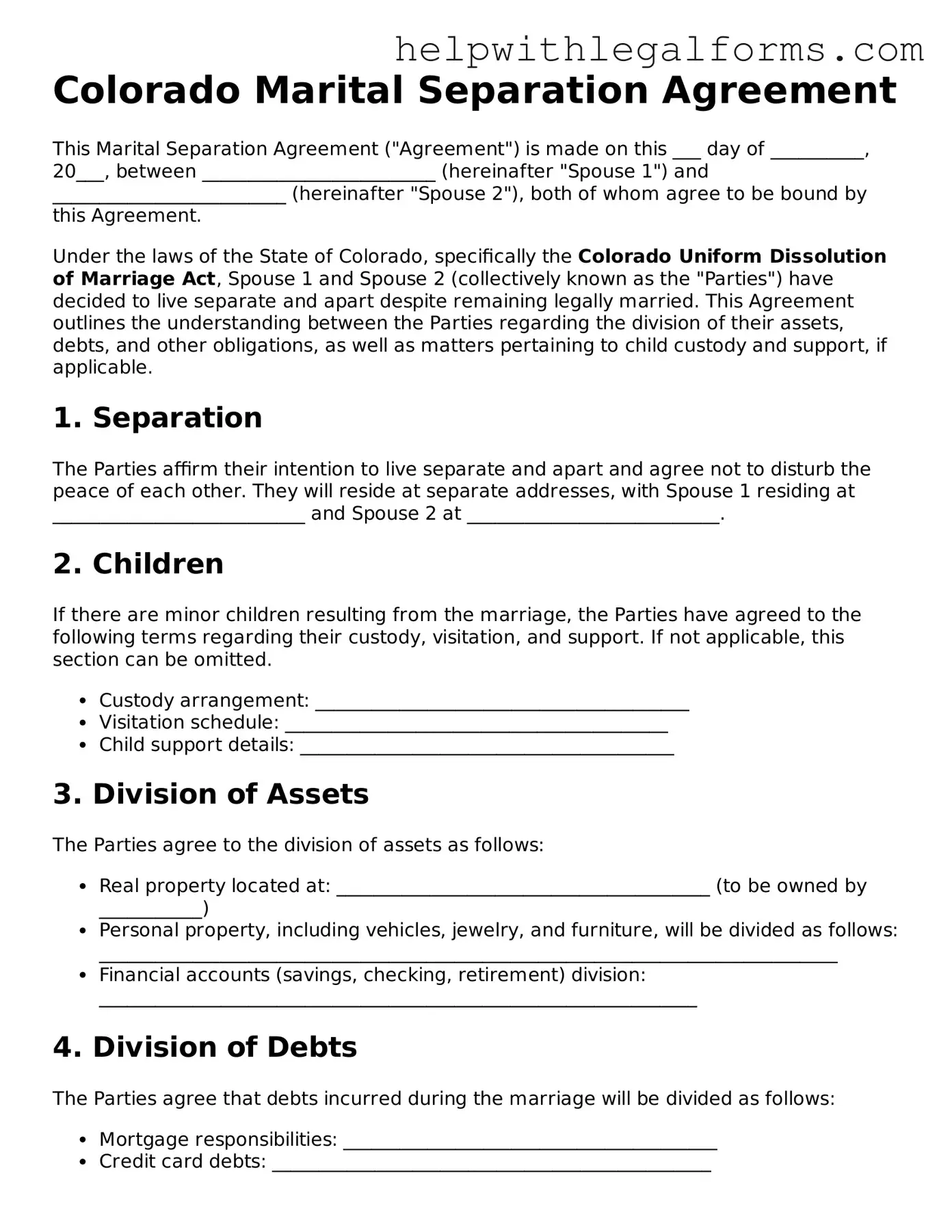Blank  Marital Separation Agreement Form for Colorado