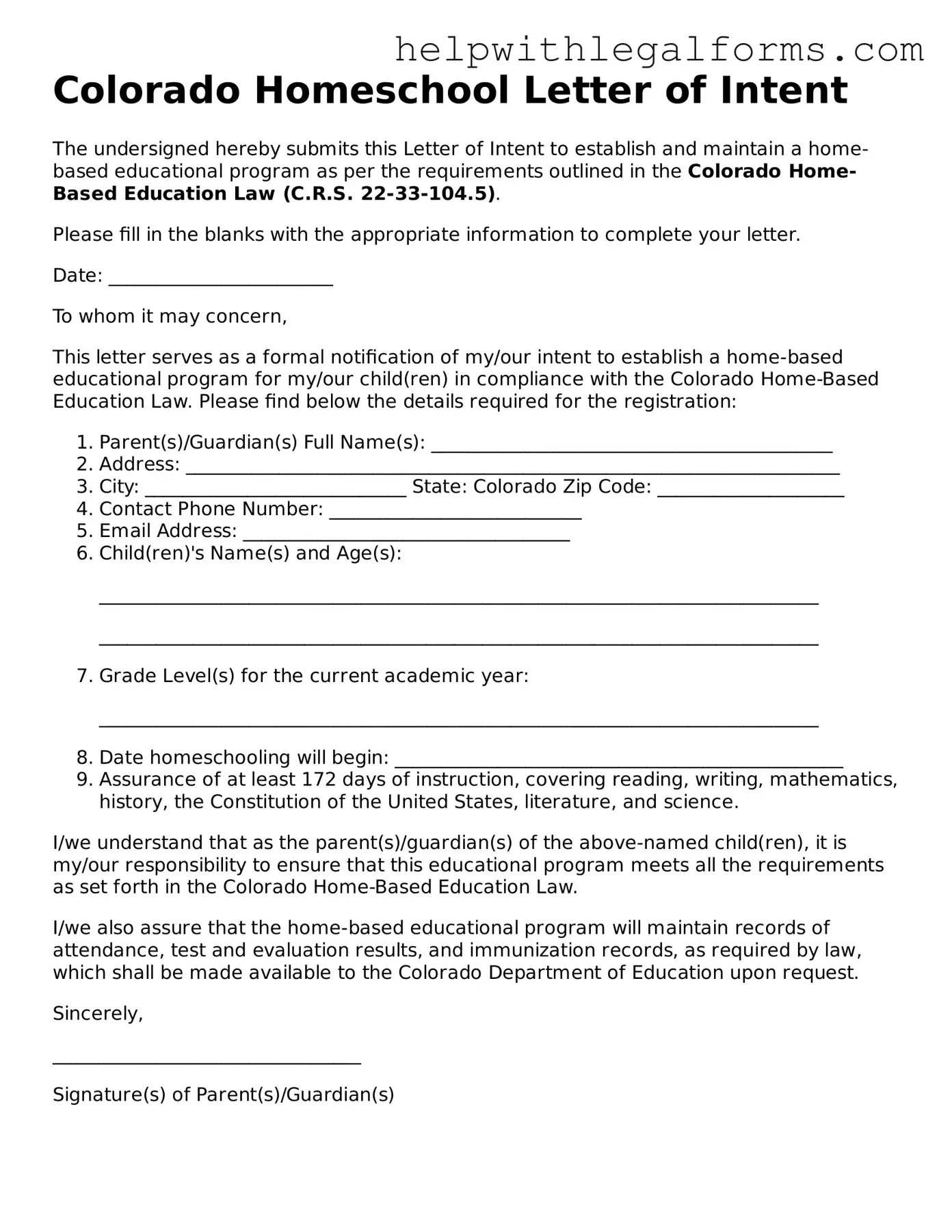 Blank  Homeschool Letter of Intent Form for Colorado