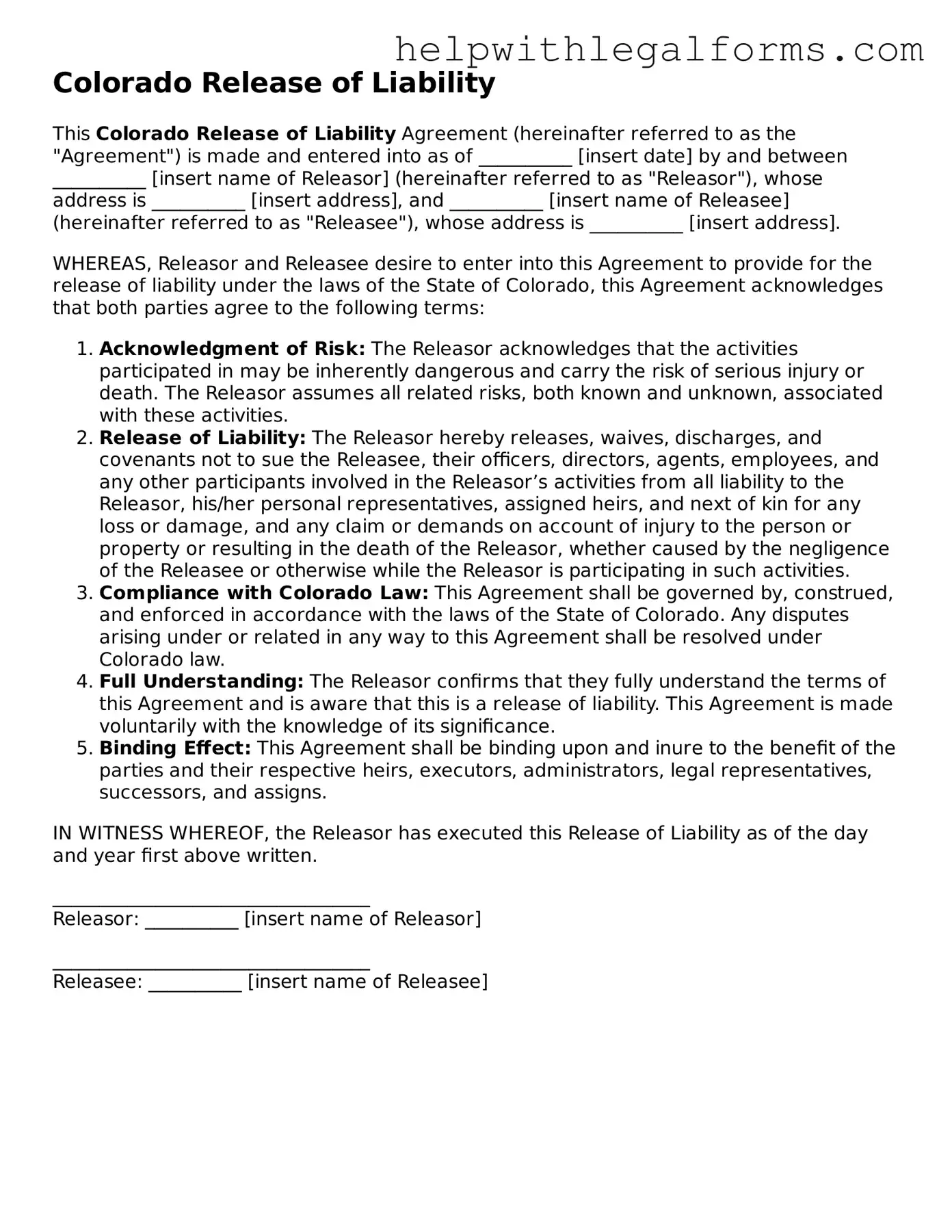 Blank  Release of Liability Form for Colorado