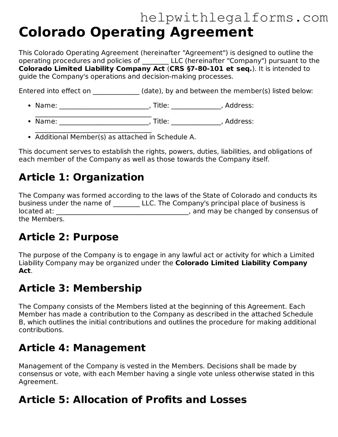 Blank  Operating Agreement Form for Colorado