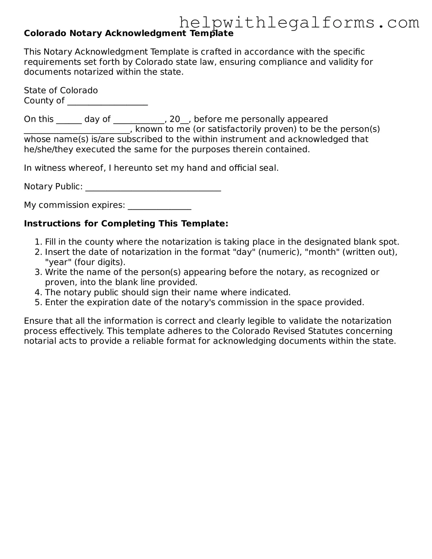 Blank  Notary Acknowledgement Form for Colorado