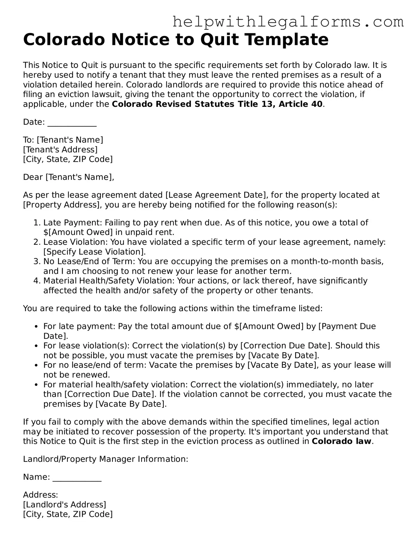 Blank  Notice to Quit Form for Colorado