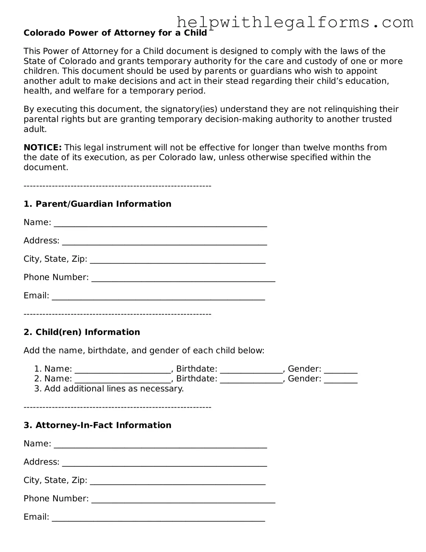 Blank  Power of Attorney for a Child Form for Colorado