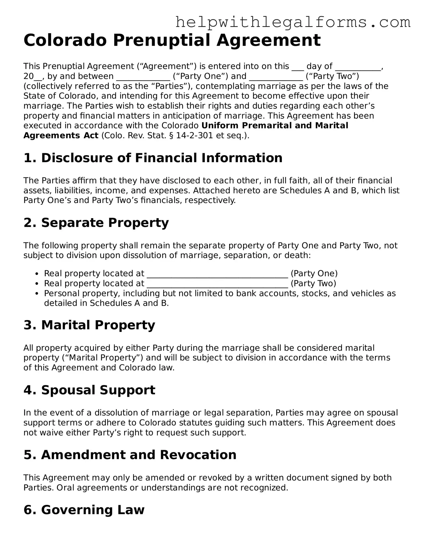 Blank  Prenuptial Agreement Form for Colorado