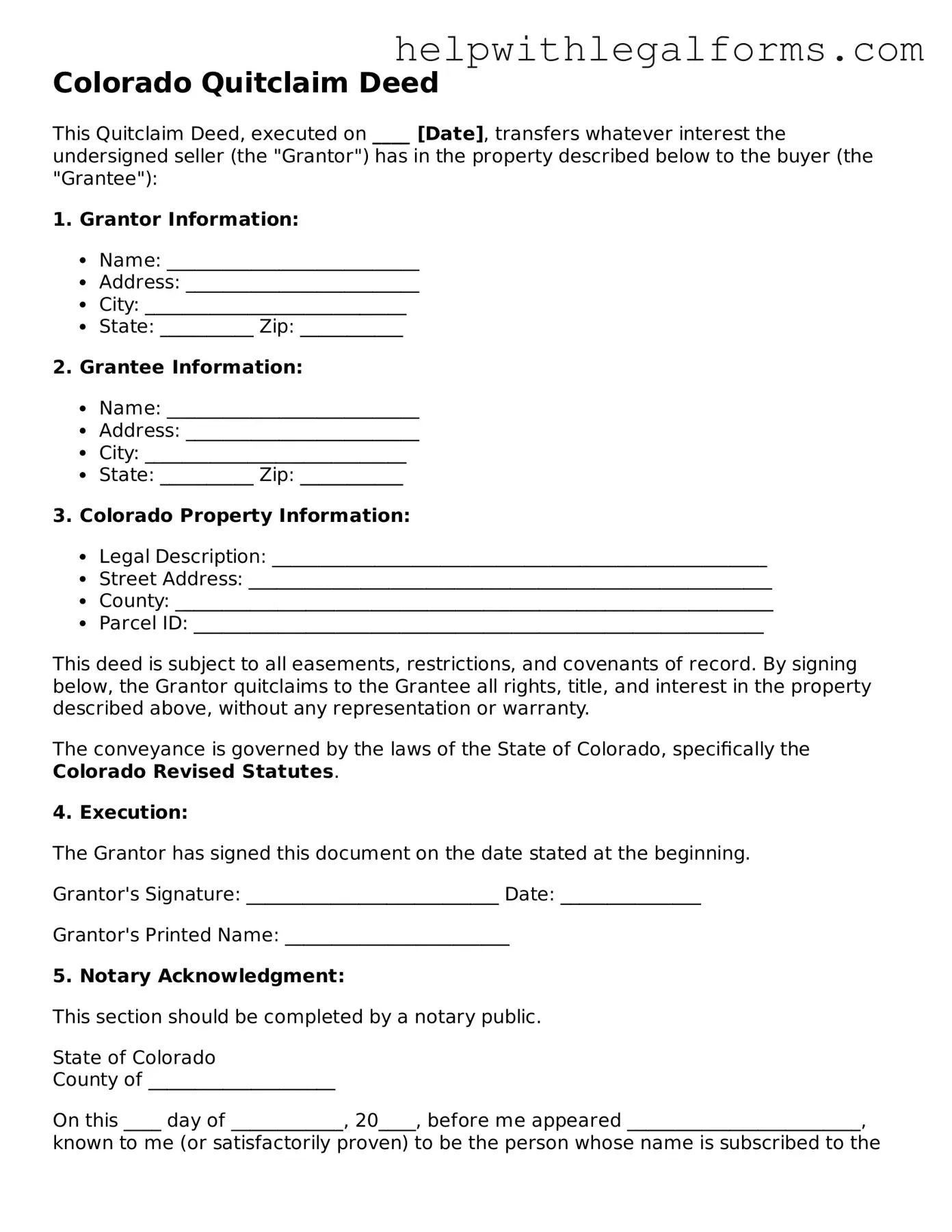 Blank  Quitclaim Deed Form for Colorado