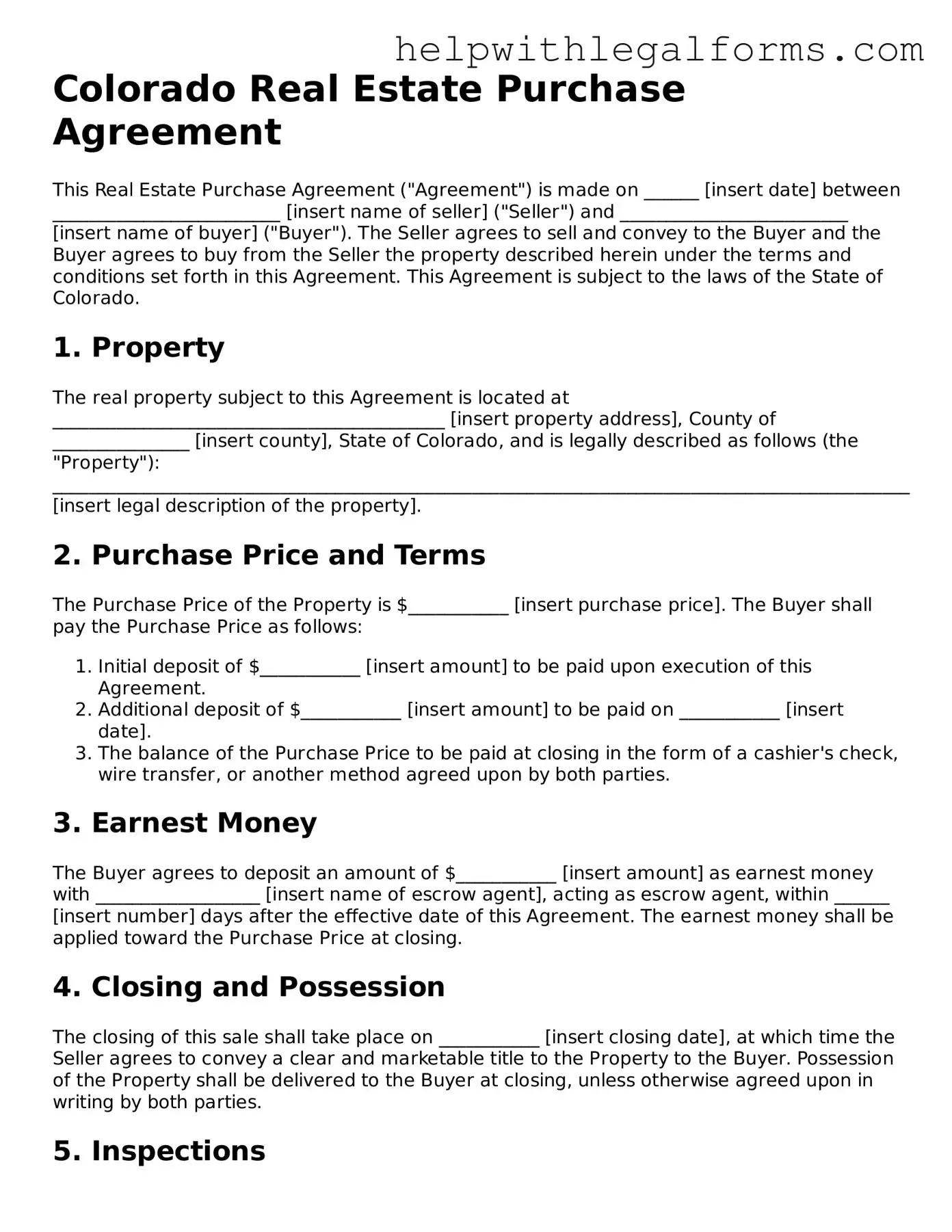 Blank  Real Estate Purchase Agreement Form for Colorado