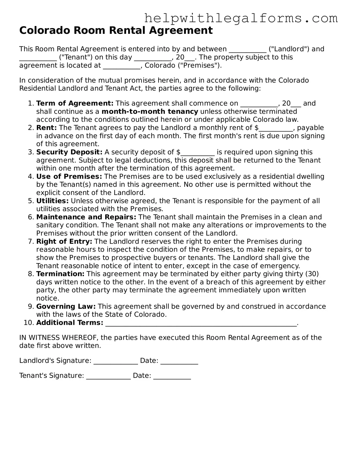 Blank  Room Rental Agreement Form for Colorado