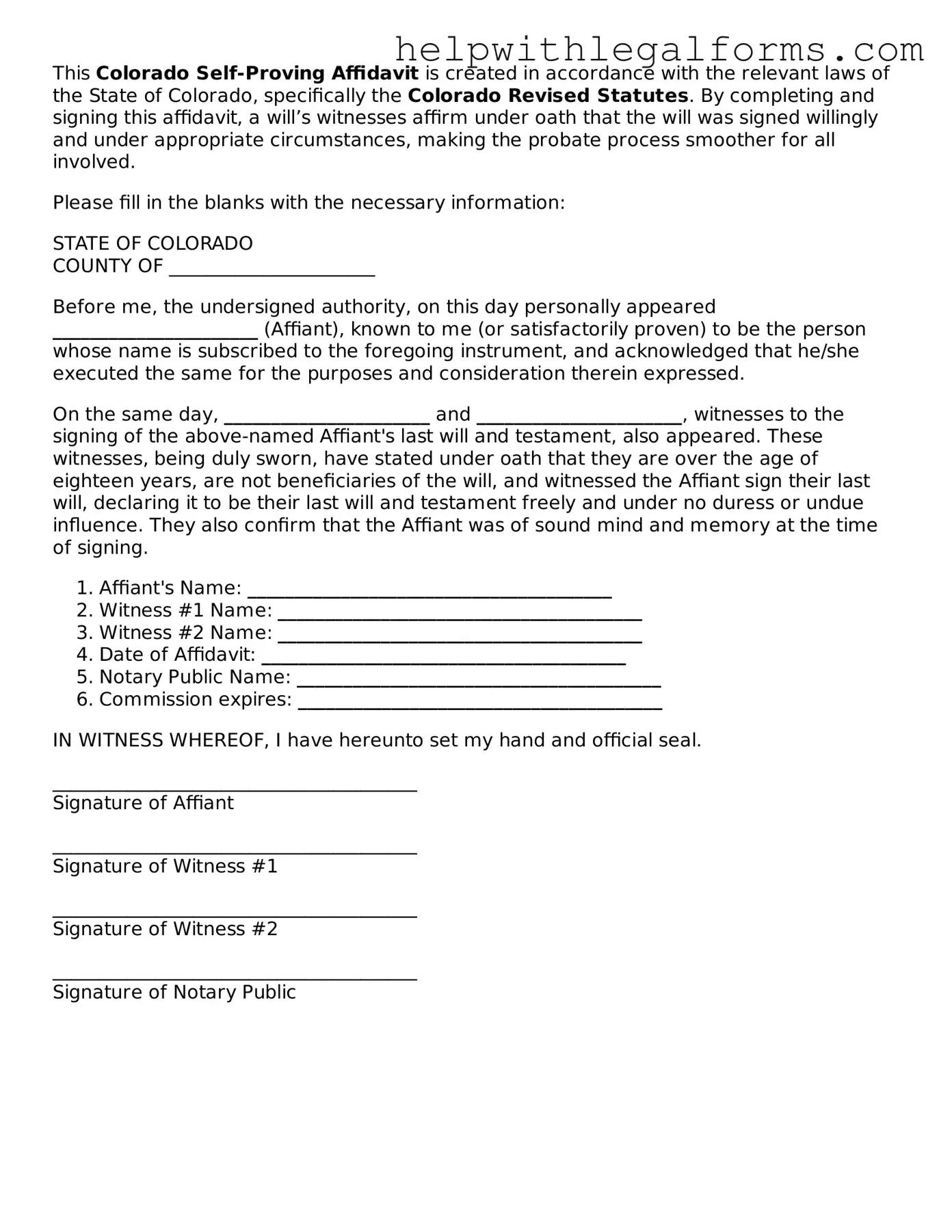 Blank  Self-Proving Affidavit Form for Colorado