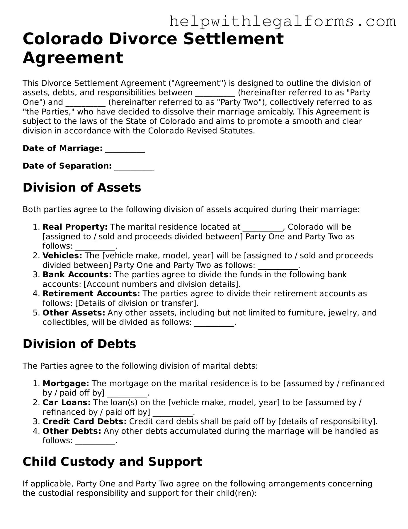 Blank  Divorce Settlement Agreement Form for Colorado