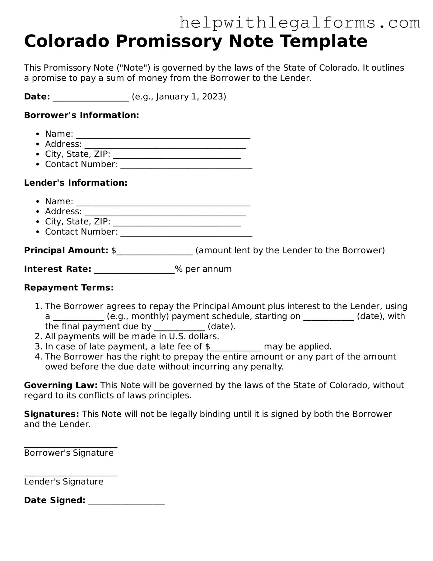 Blank  Promissory Note Form for Colorado