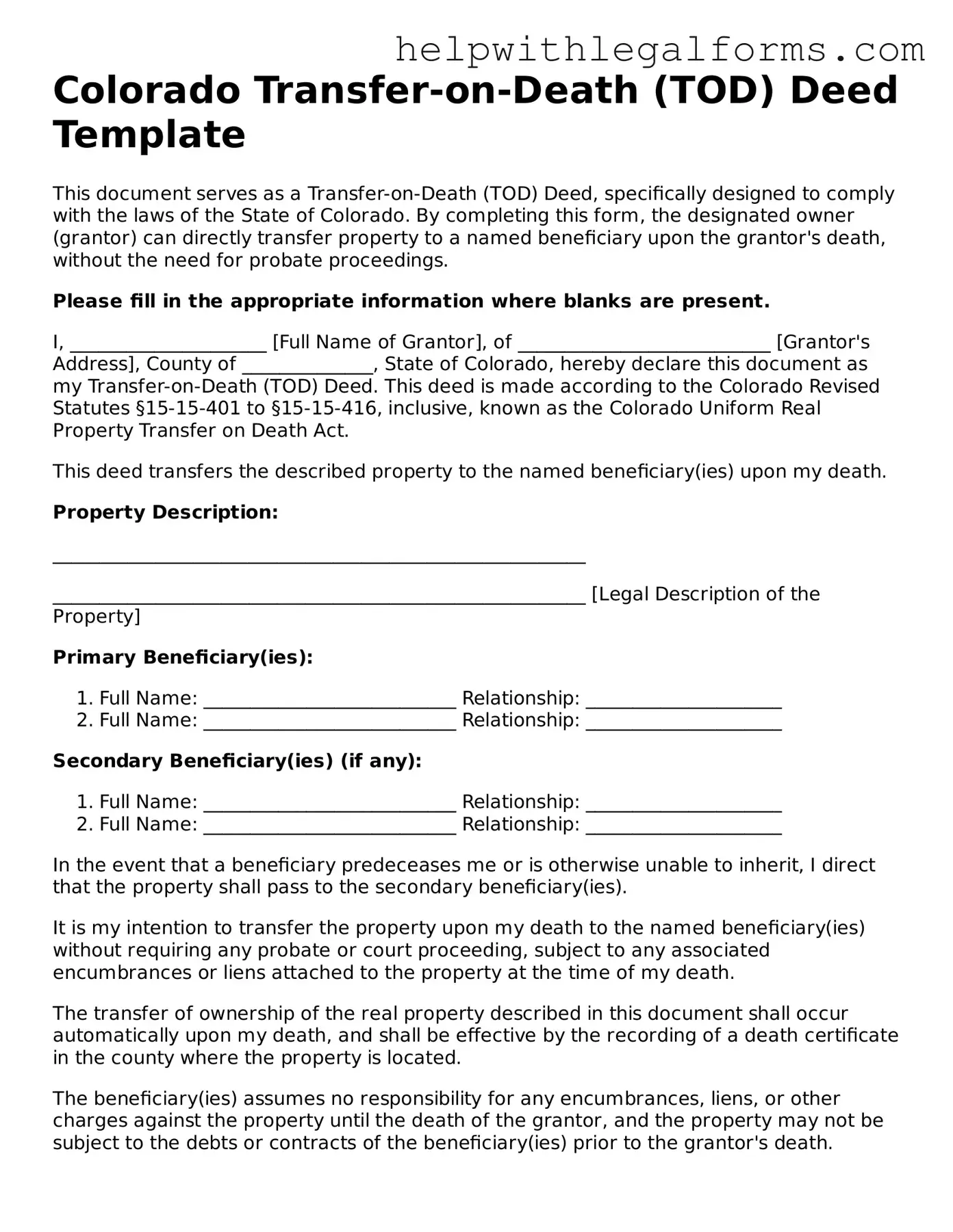 Blank  Transfer-on-Death Deed Form for Colorado