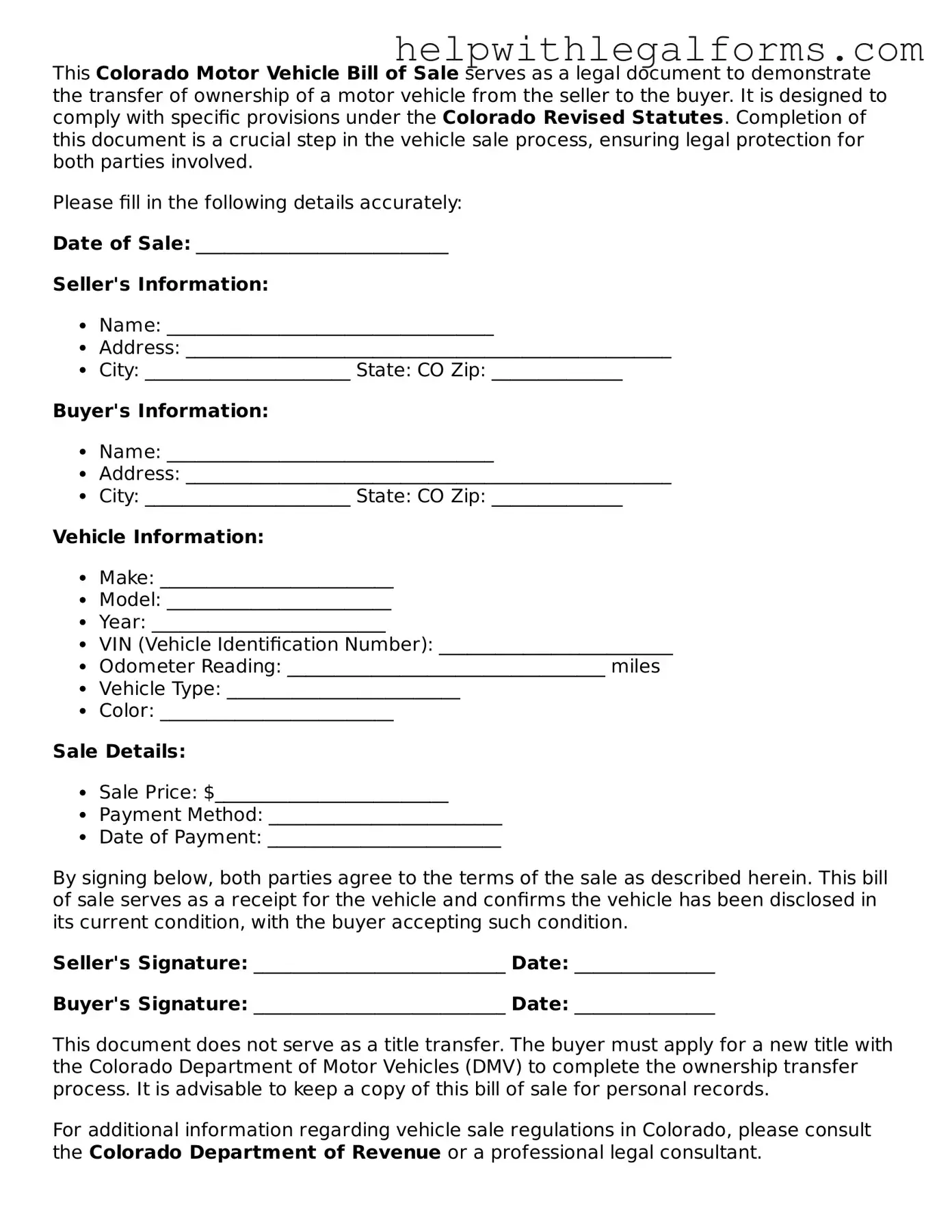 Blank  Motor Vehicle Bill of Sale Form for Colorado