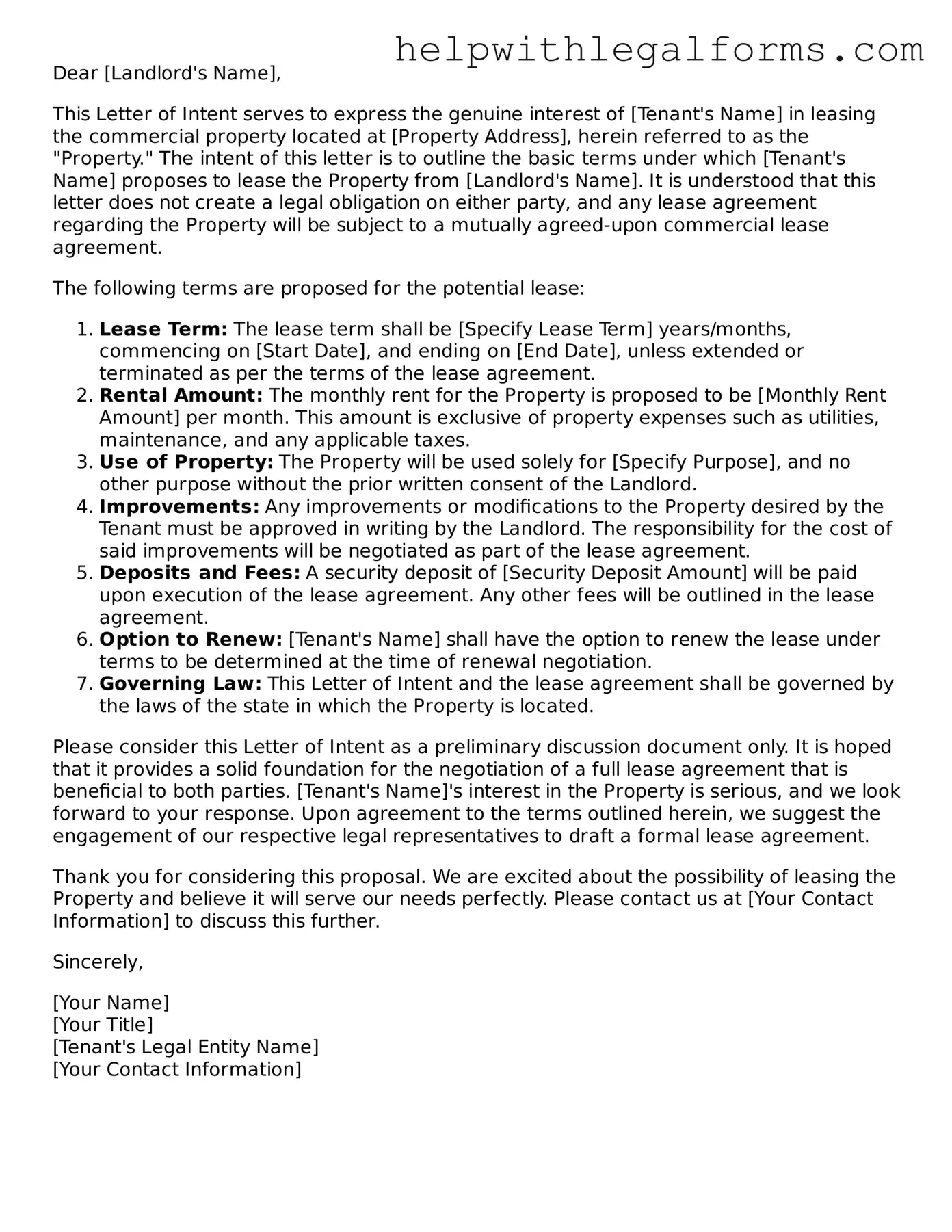 Legal Letter of Intent to Lease Commercial Property Form