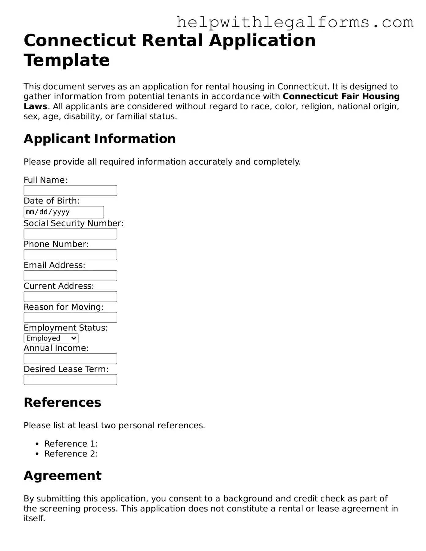 Blank  Rental Application Form for Connecticut