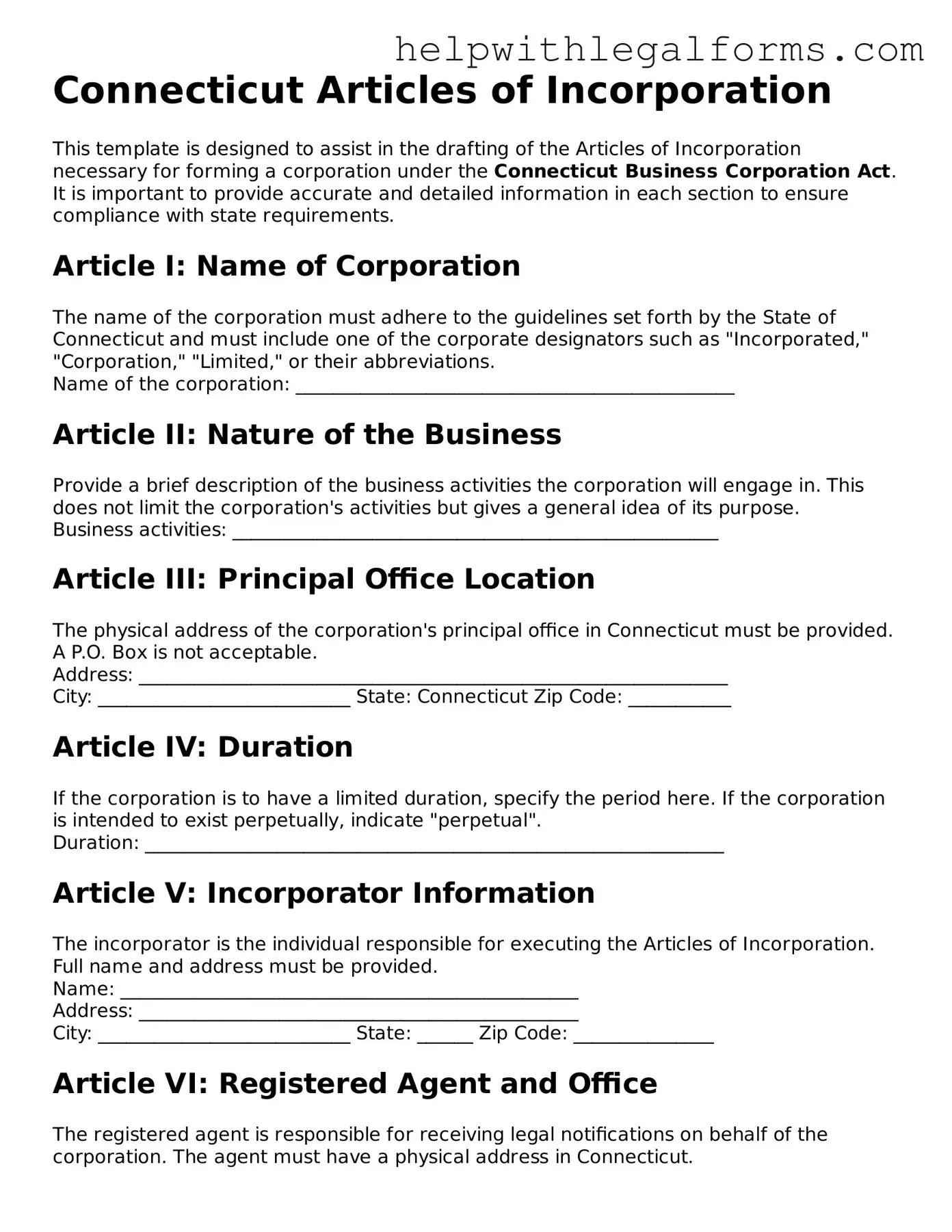 Blank  Articles of Incorporation Form for Connecticut