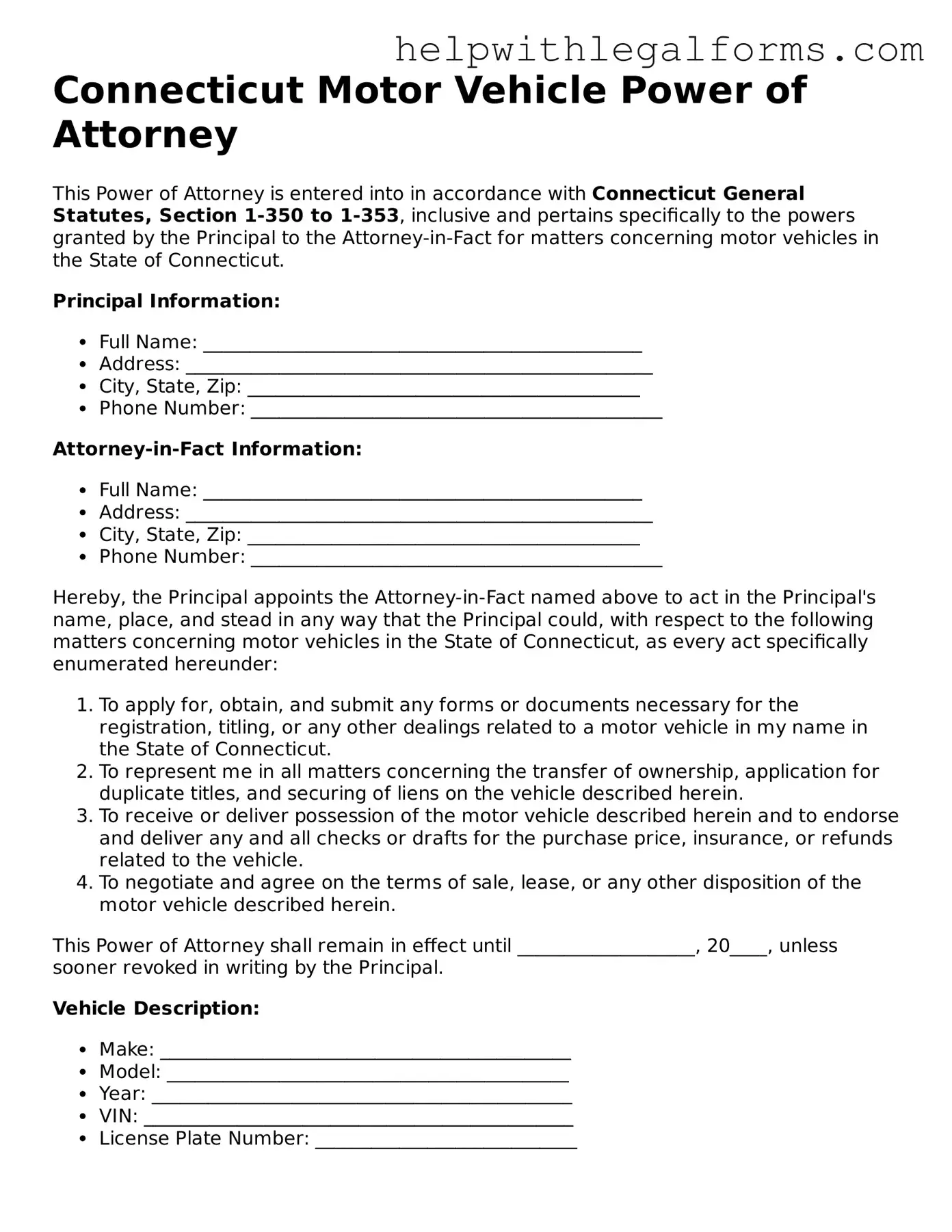 Blank  Motor Vehicle Power of Attorney Form for Connecticut