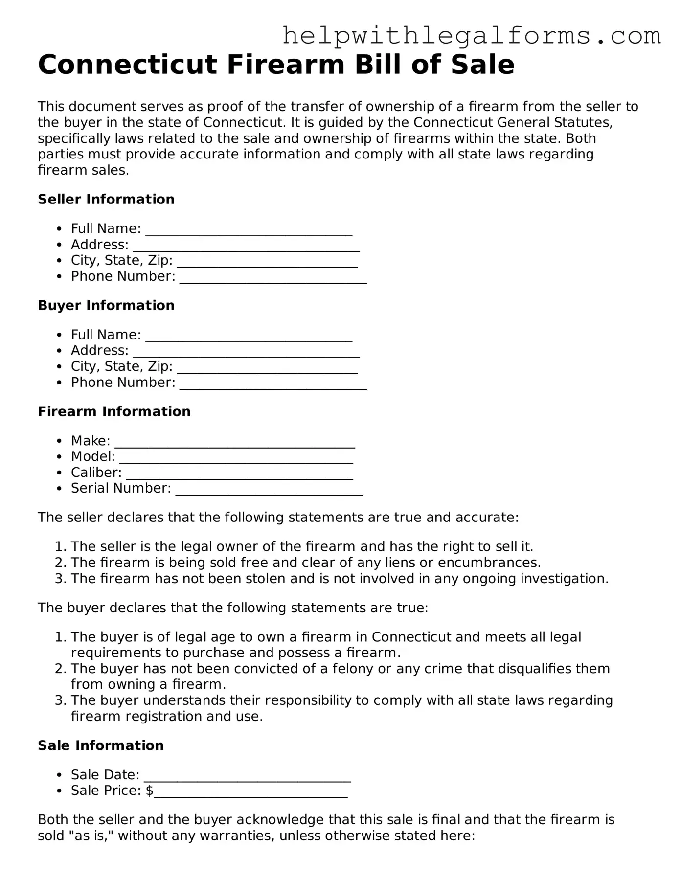 Blank  Firearm Bill of Sale Form for Connecticut